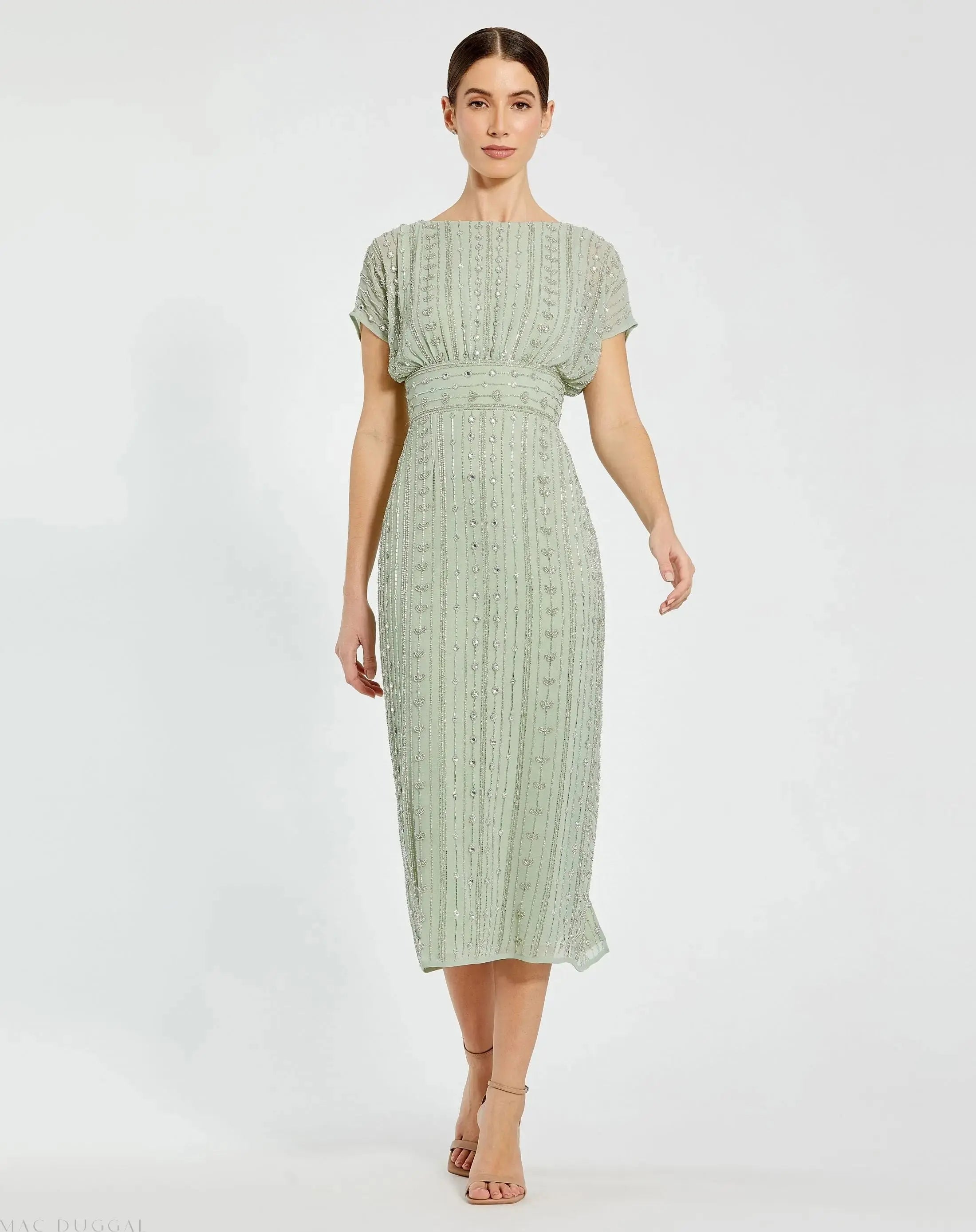 Green Beaded Cap Sleeve Empire Waist Sheath Midi Dress-Myartka