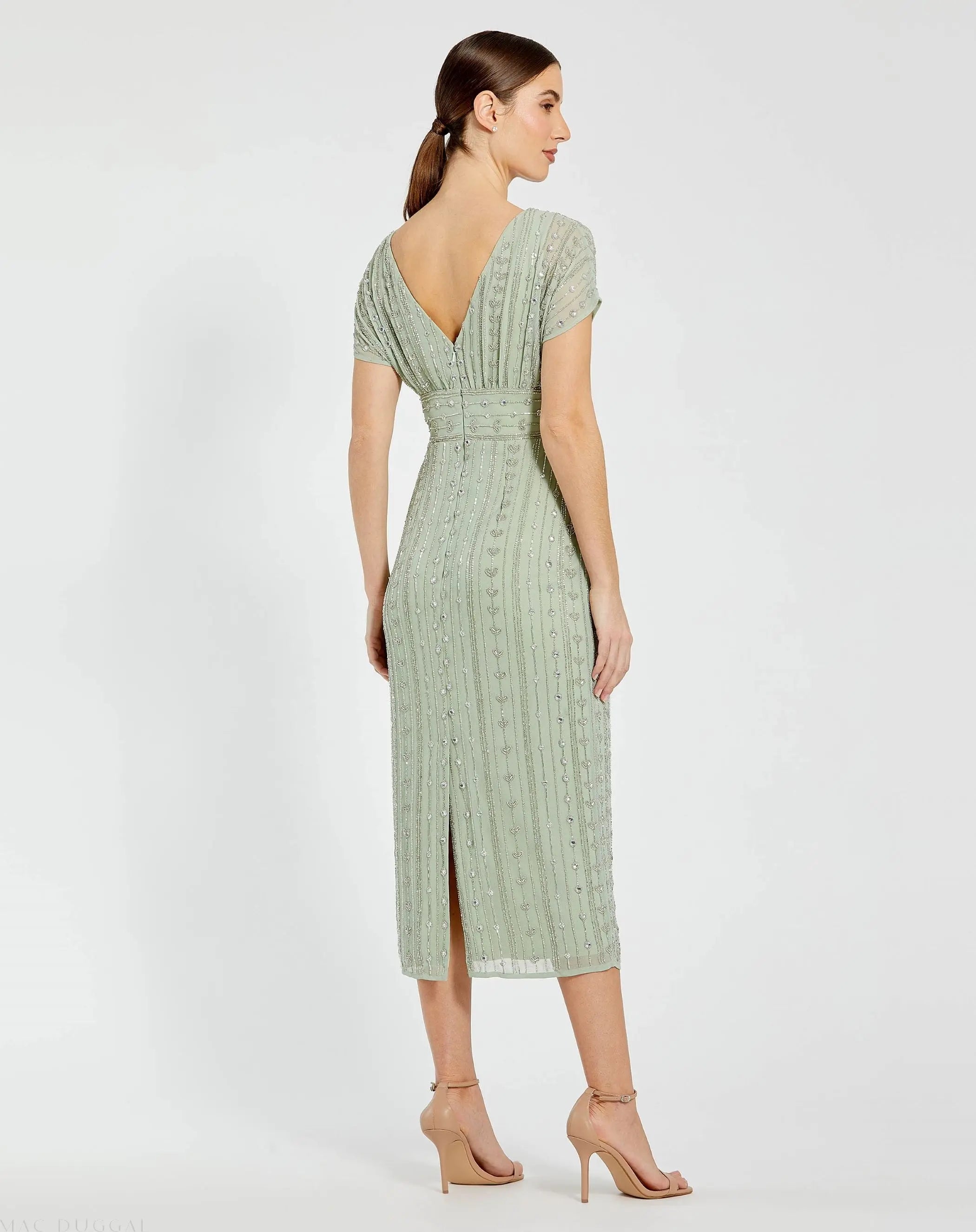 Green Beaded Cap Sleeve Empire Waist Sheath Midi Dress-Myartka