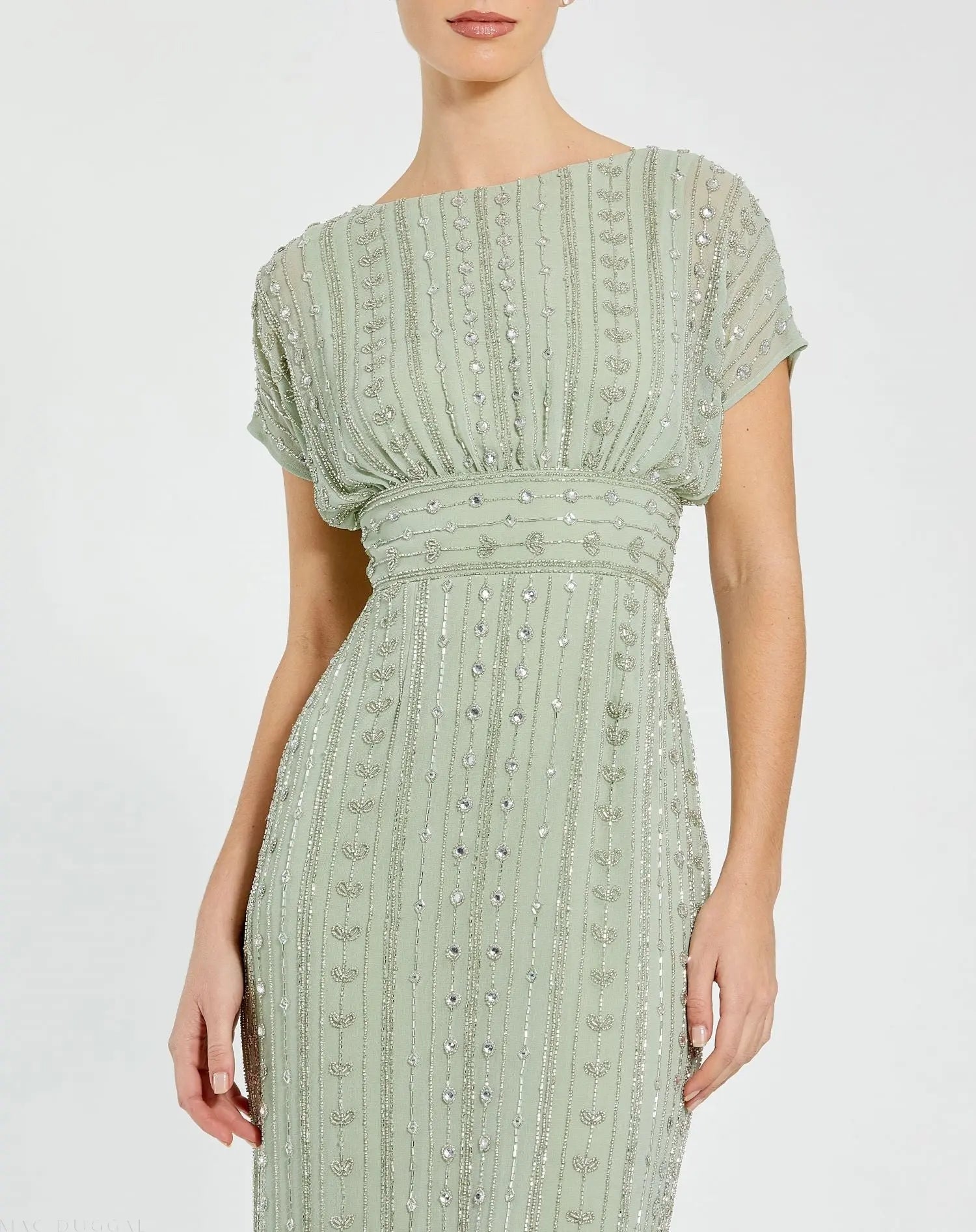 Green Beaded Cap Sleeve Empire Waist Sheath Midi Dress-Myartka
