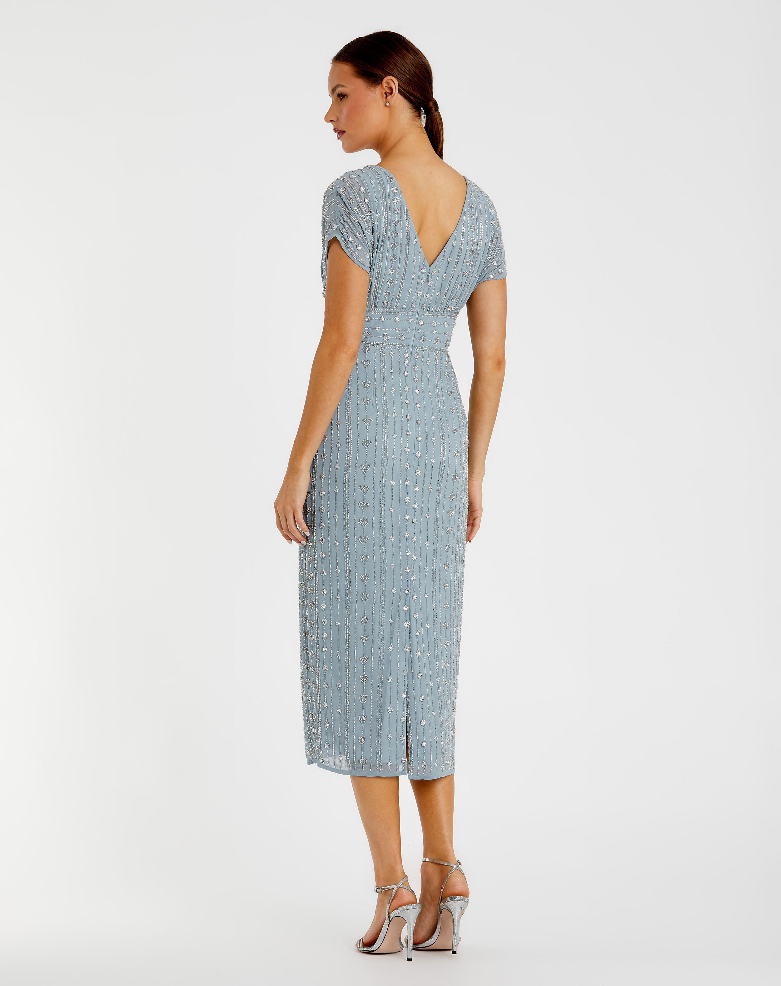 Blue Beaded Cap Sleeve Empire Waist Sheath Midi Dress-Myartka