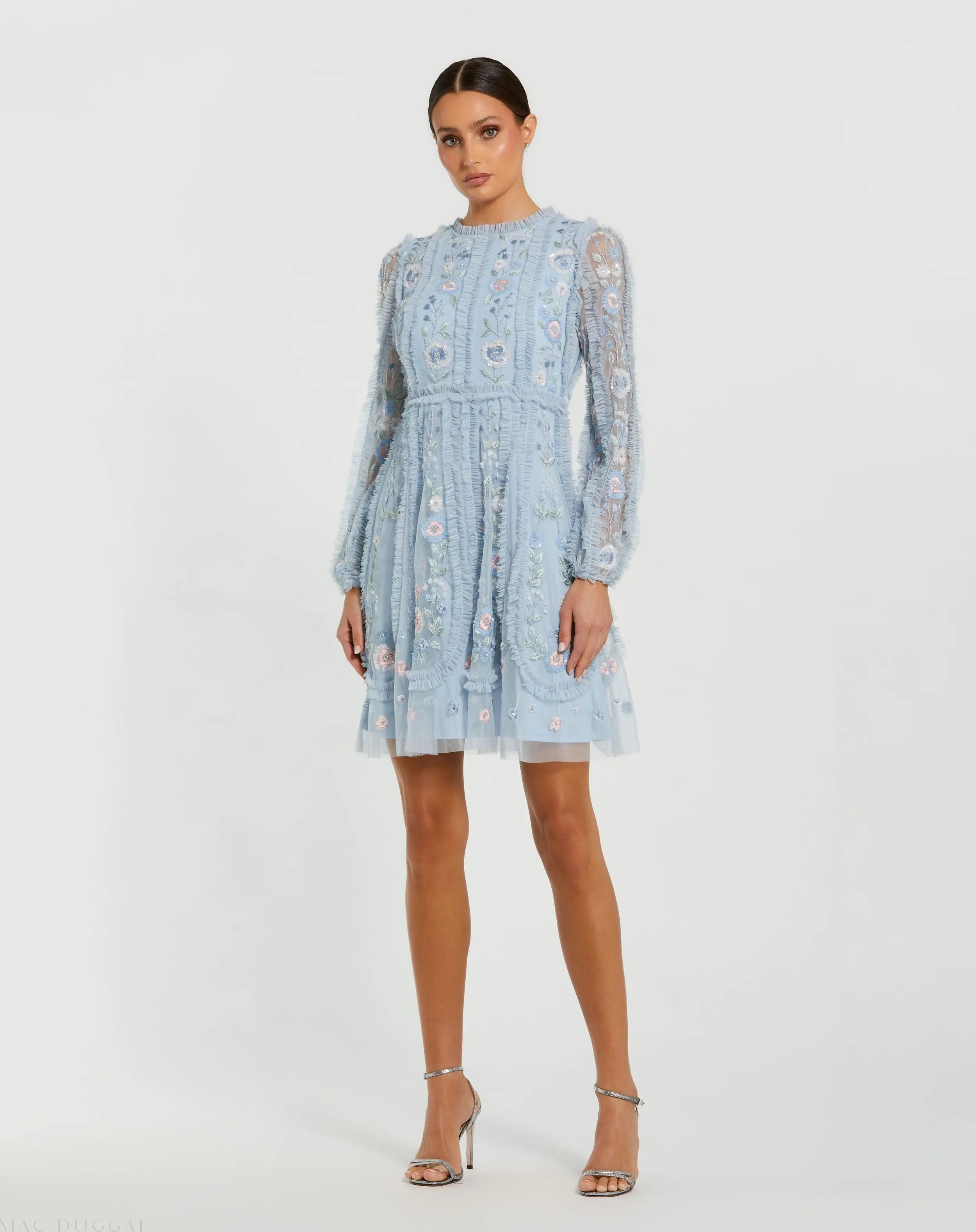 Blue Floral Long Sleeve Micro Ruffle Mini Dress-Myartka
