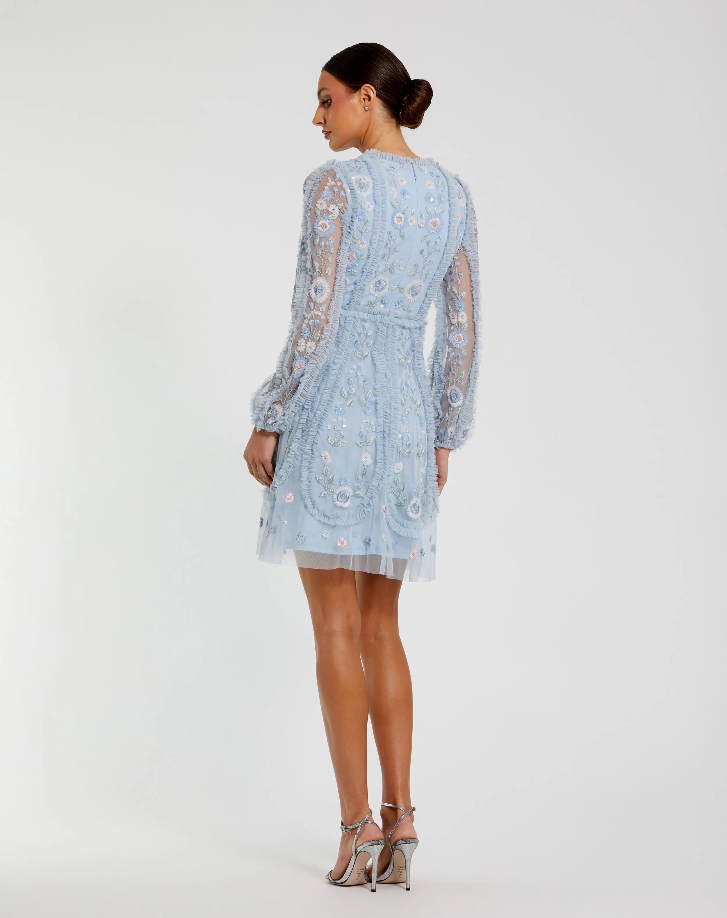 Blue Floral Long Sleeve Micro Ruffle Mini Dress-Myartka