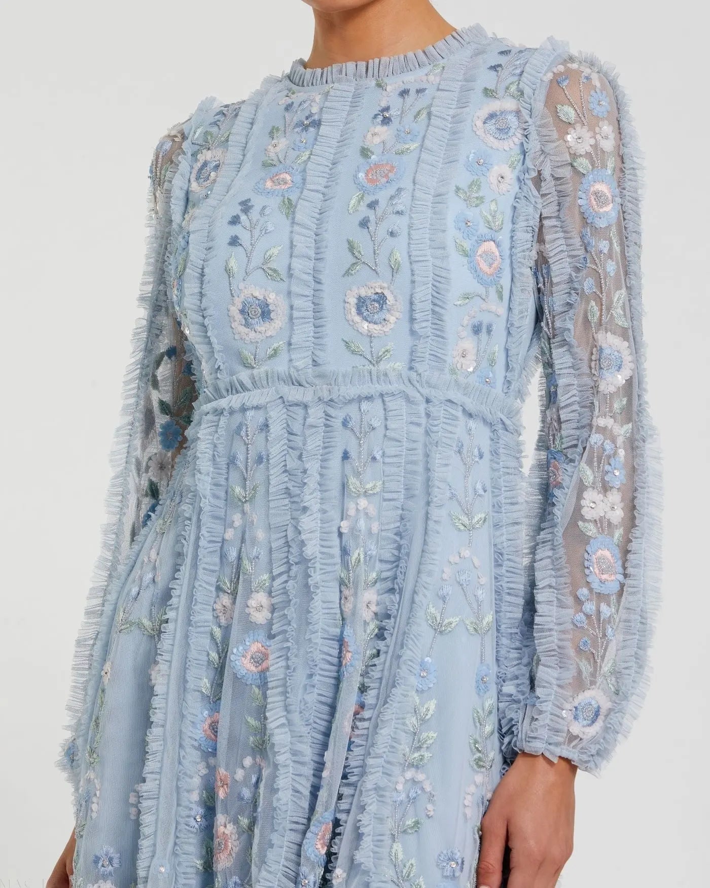 Blue Floral Long Sleeve Micro Ruffle Mini Dress-Myartka