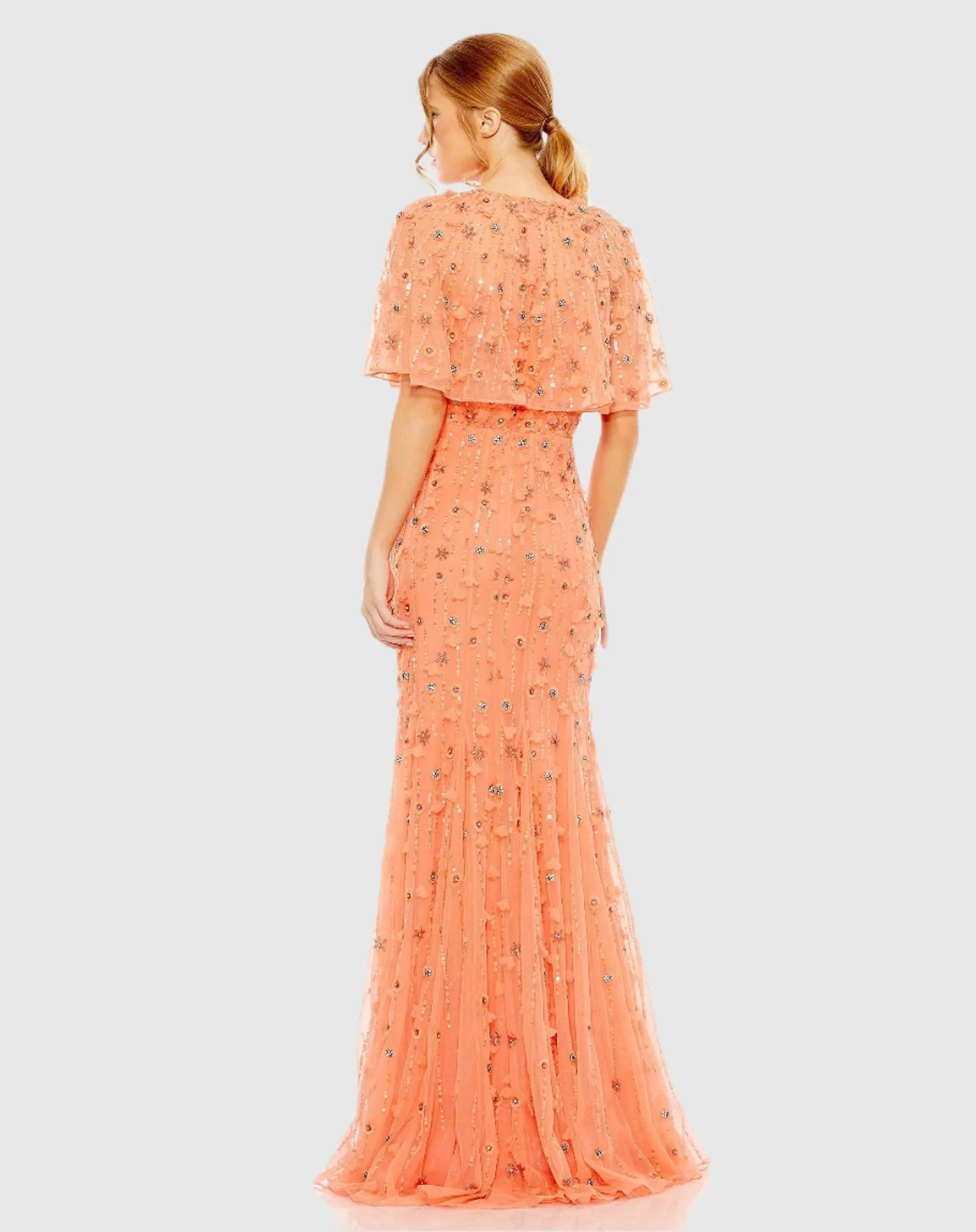 Orange Embellished Illusion Cape Sleeve Trumpet Gown-Myartka
