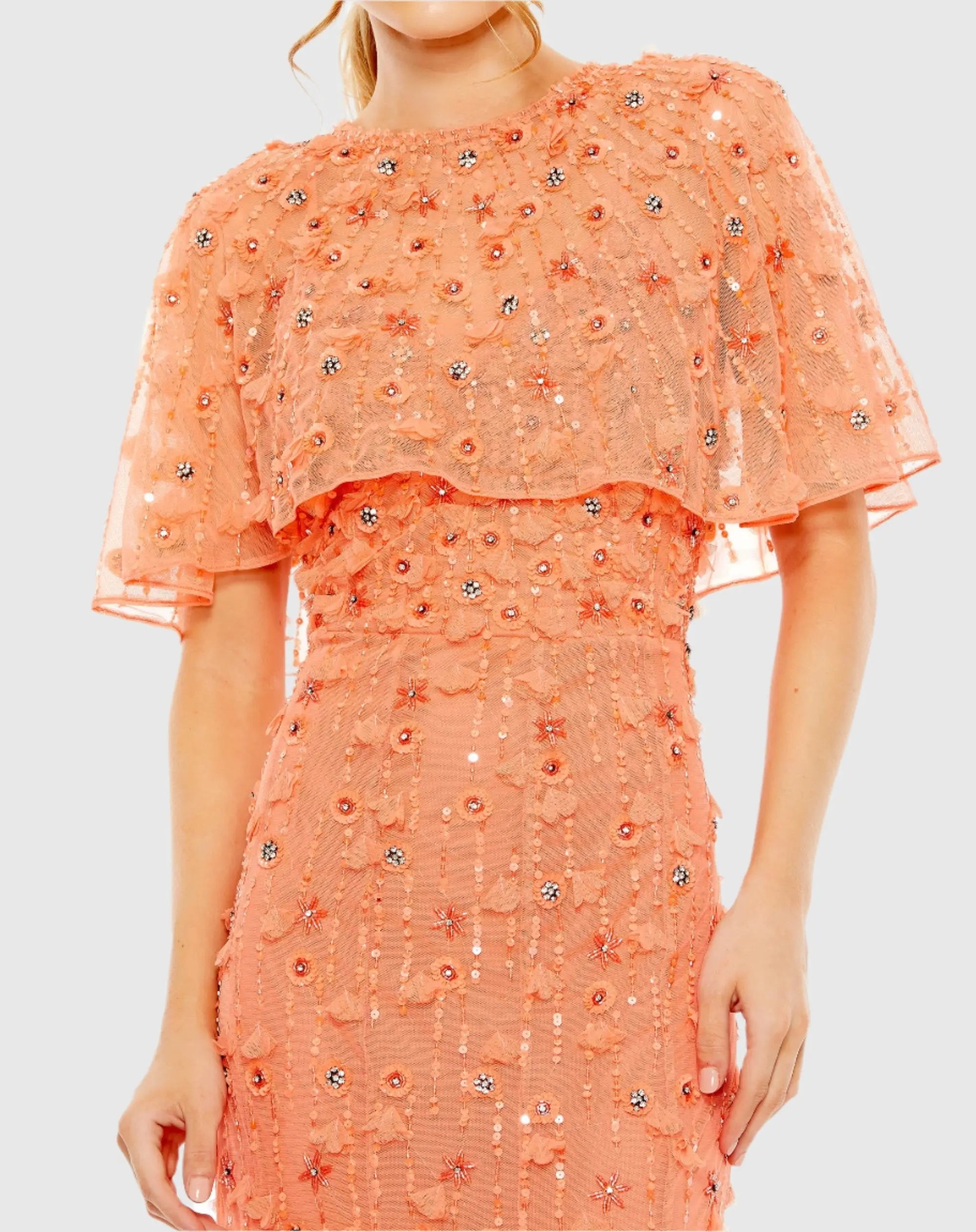 Orange Embellished Illusion Cape Sleeve Trumpet Gown-Myartka