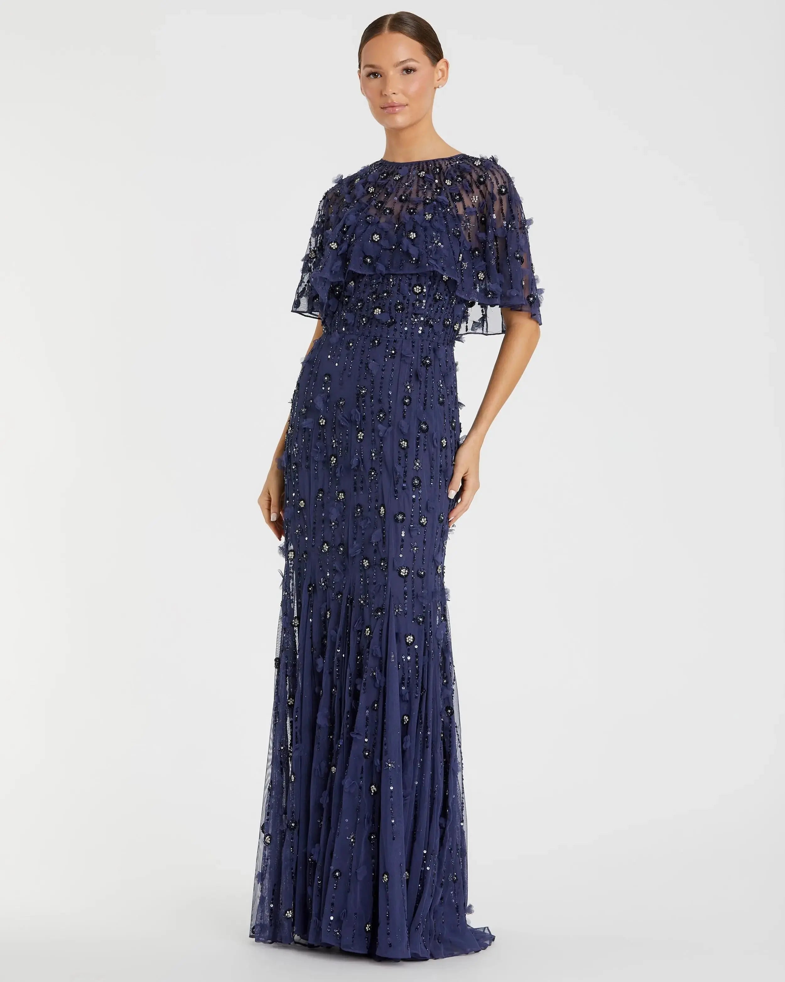 Navy Embellished Illusion Cape Sleeve Trumpet Gown-Myartka
