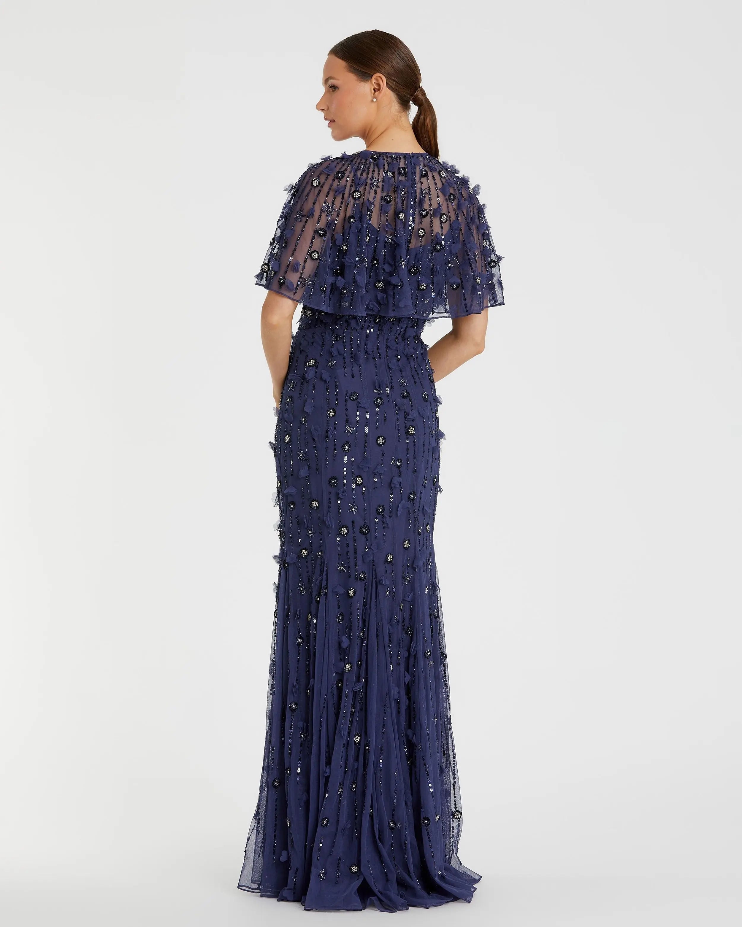 Navy Embellished Illusion Cape Sleeve Trumpet Gown-Myartka