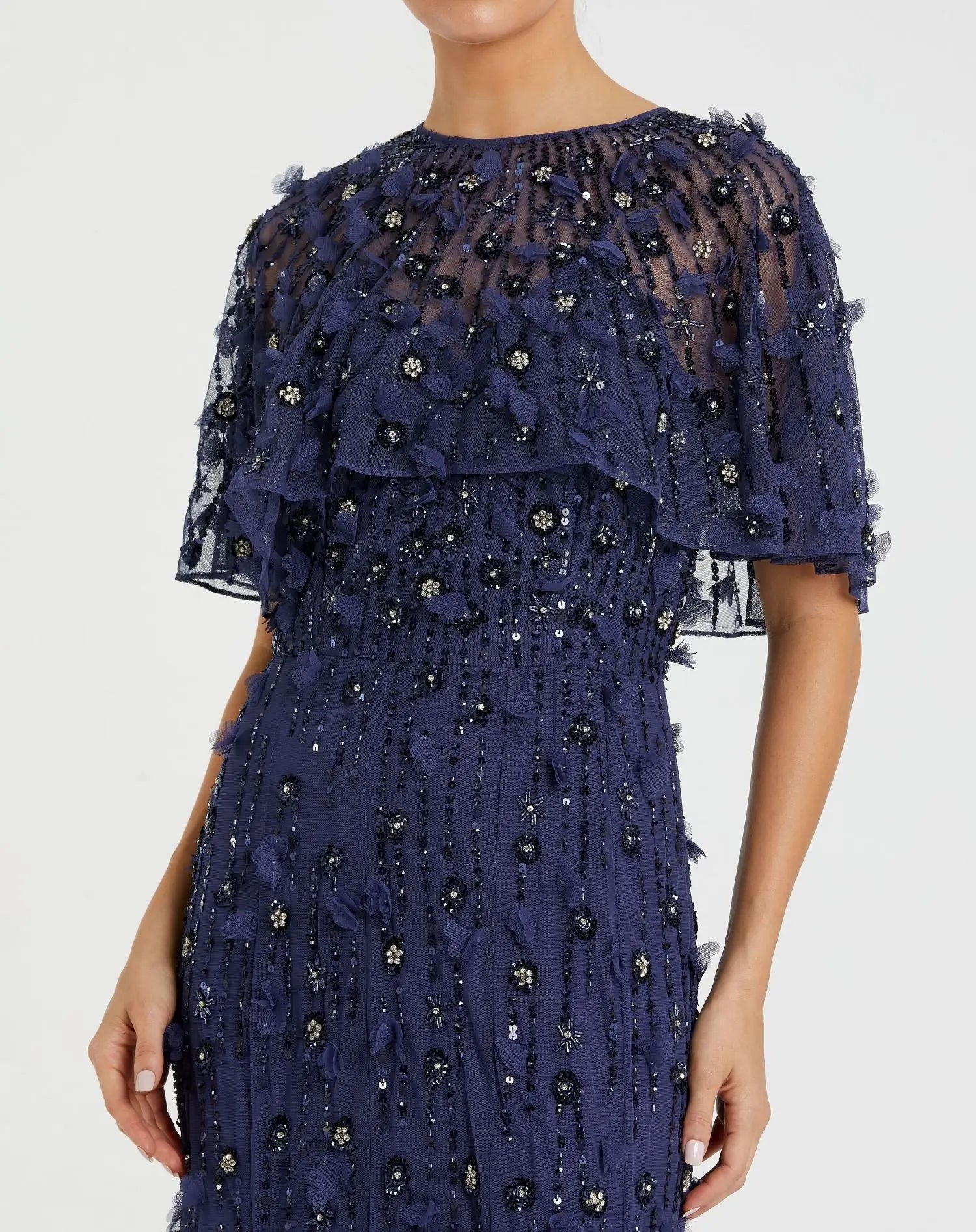Navy Embellished Illusion Cape Sleeve Trumpet Gown-Myartka