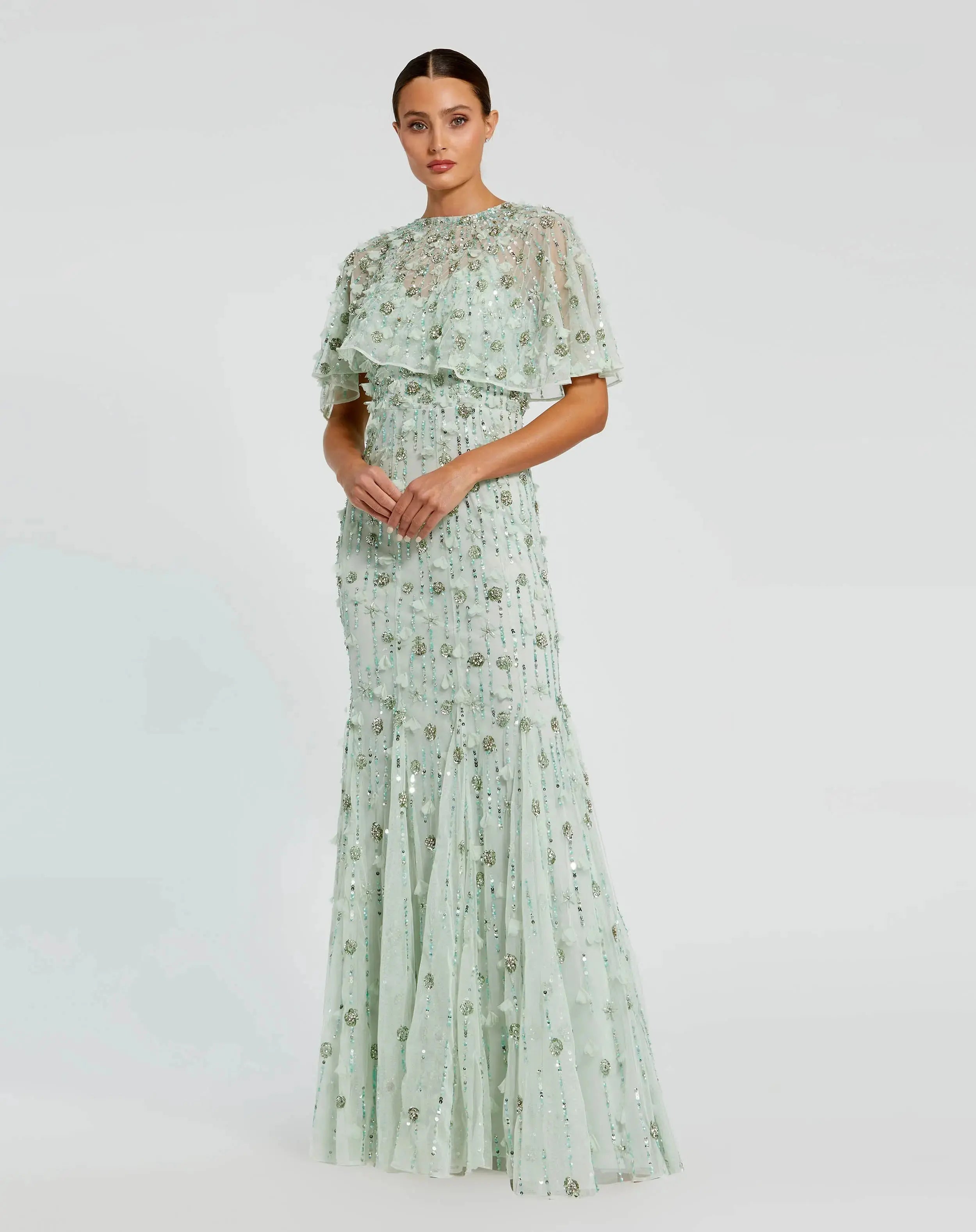 Green Embellished Illusion Cape Sleeve Trumpet Gown-Myartka