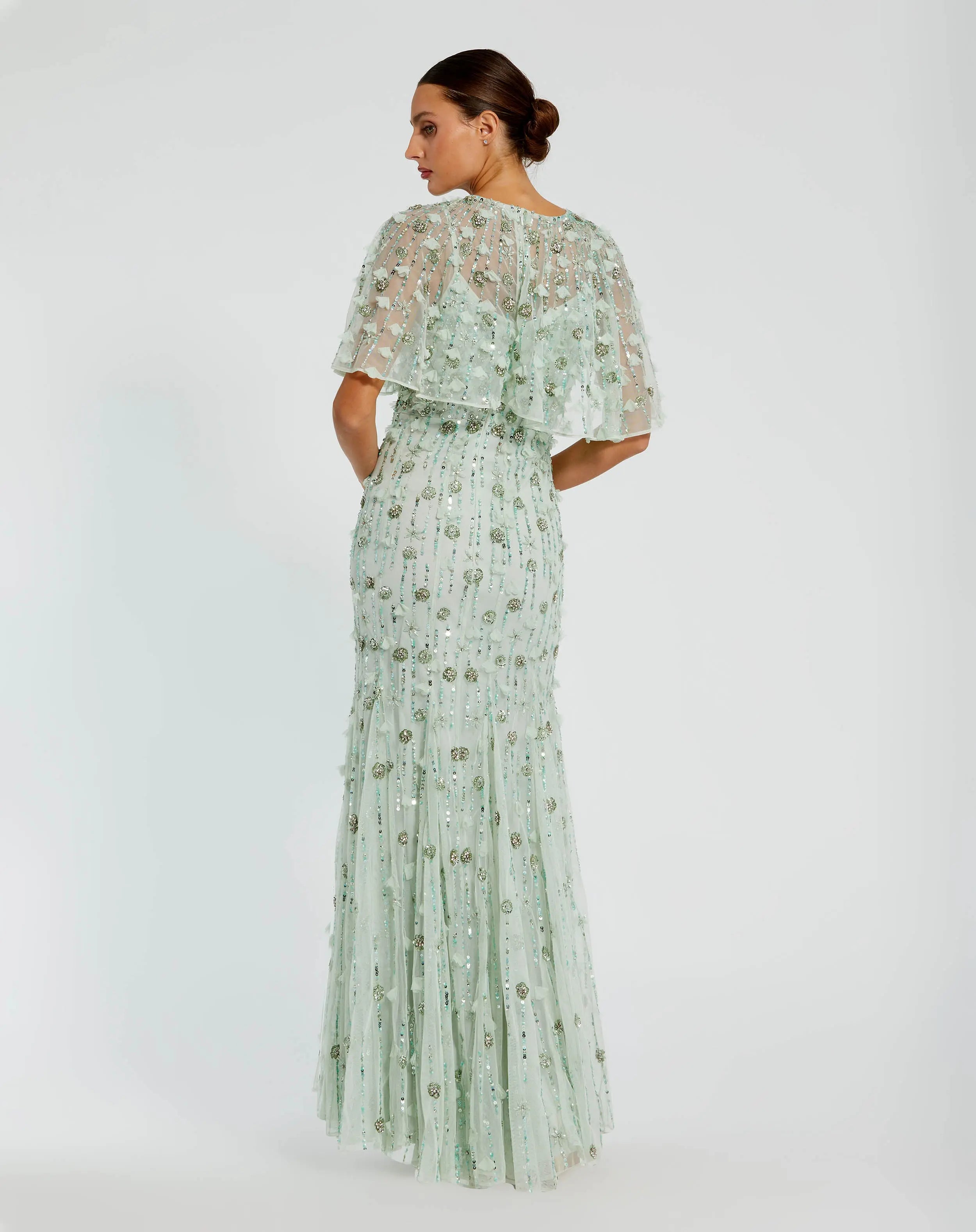 Green Embellished Illusion Cape Sleeve Trumpet Gown-Myartka