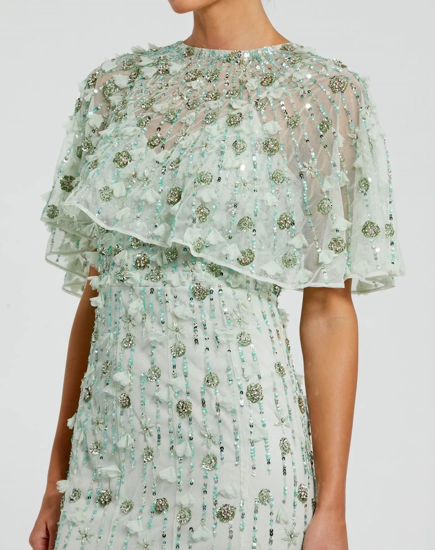 Green Embellished Illusion Cape Sleeve Trumpet Gown-Myartka