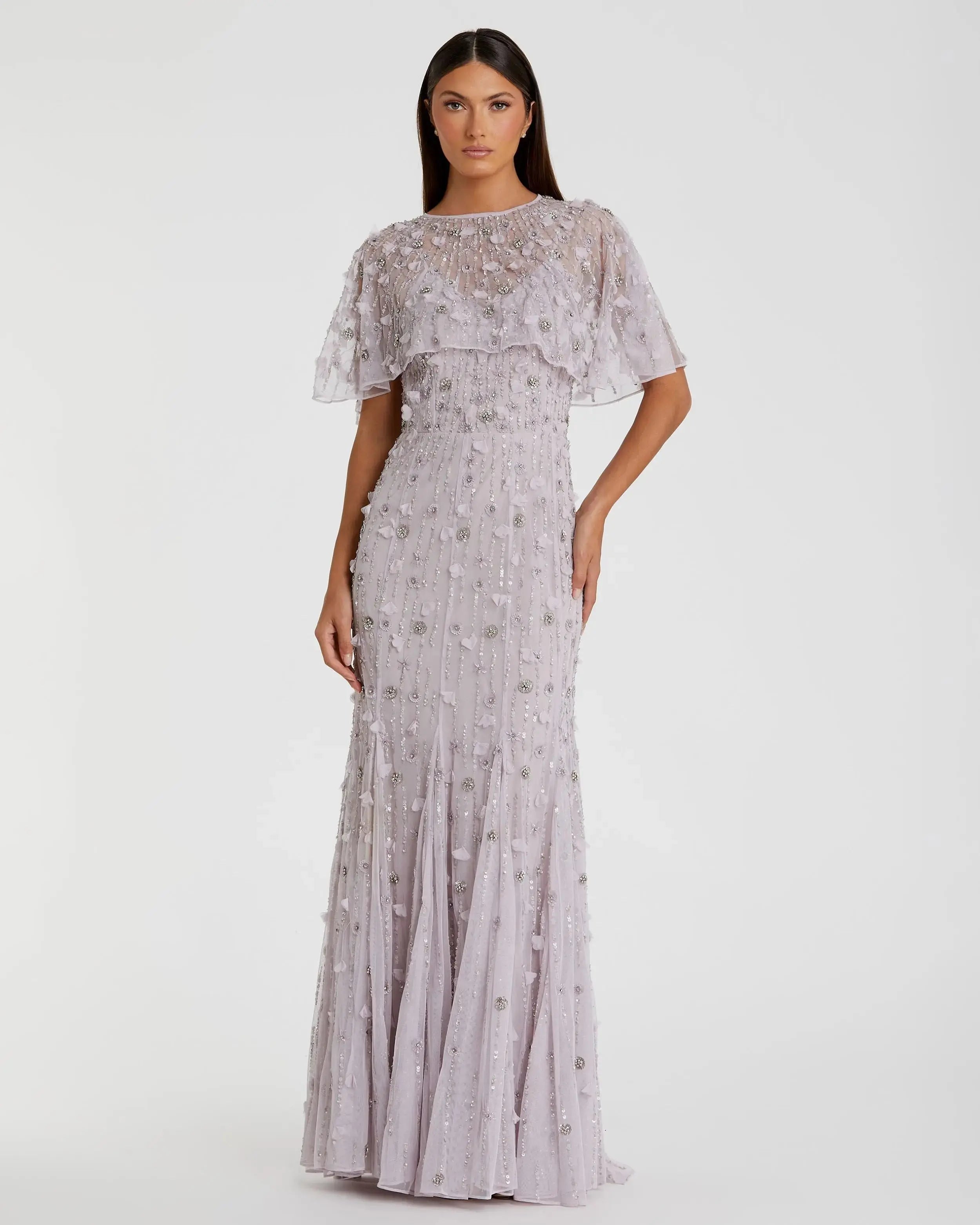 Purple Embellished Illusion Cape Sleeve Trumpet Gown-Myartka