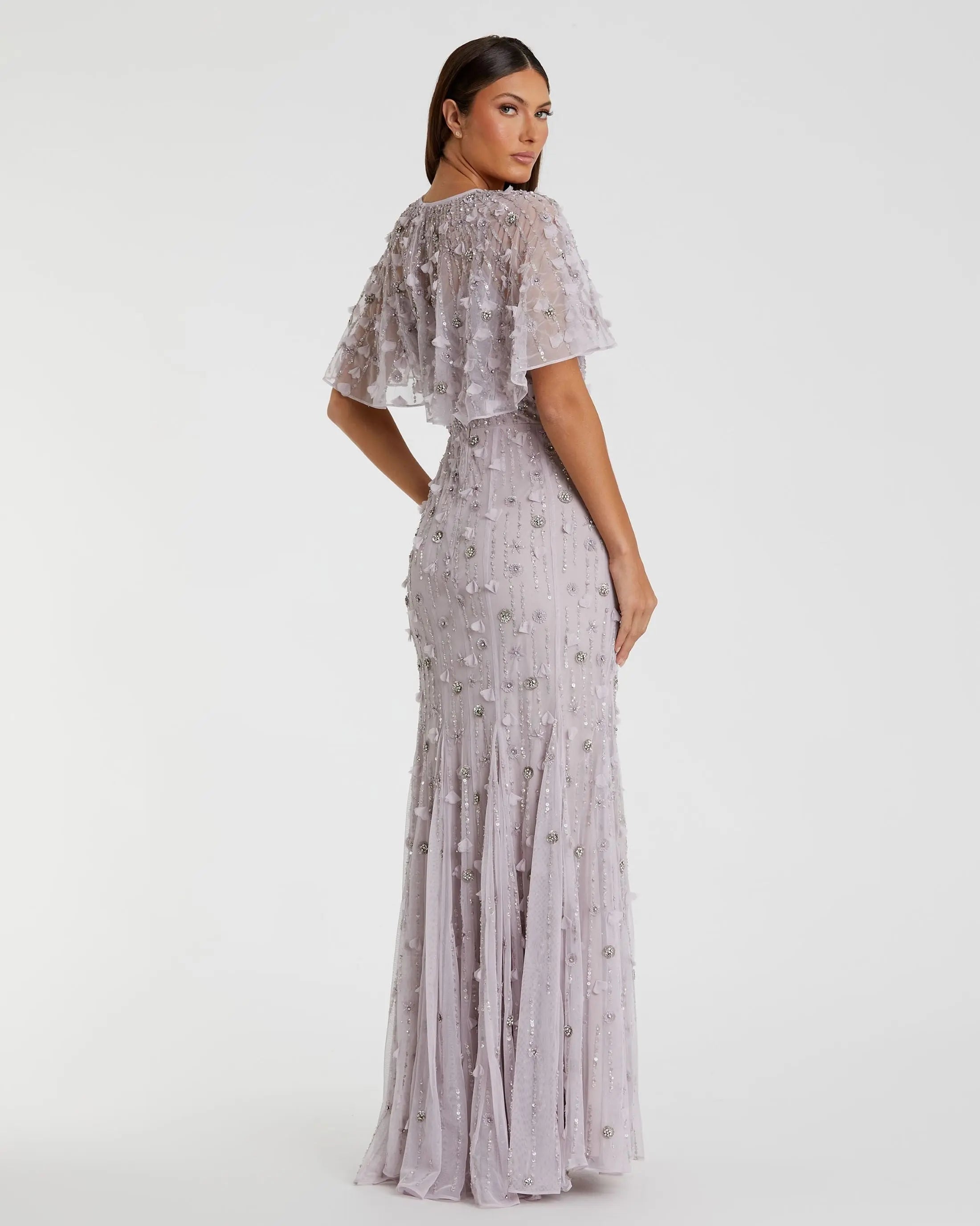 Purple Embellished Illusion Cape Sleeve Trumpet Gown-Myartka