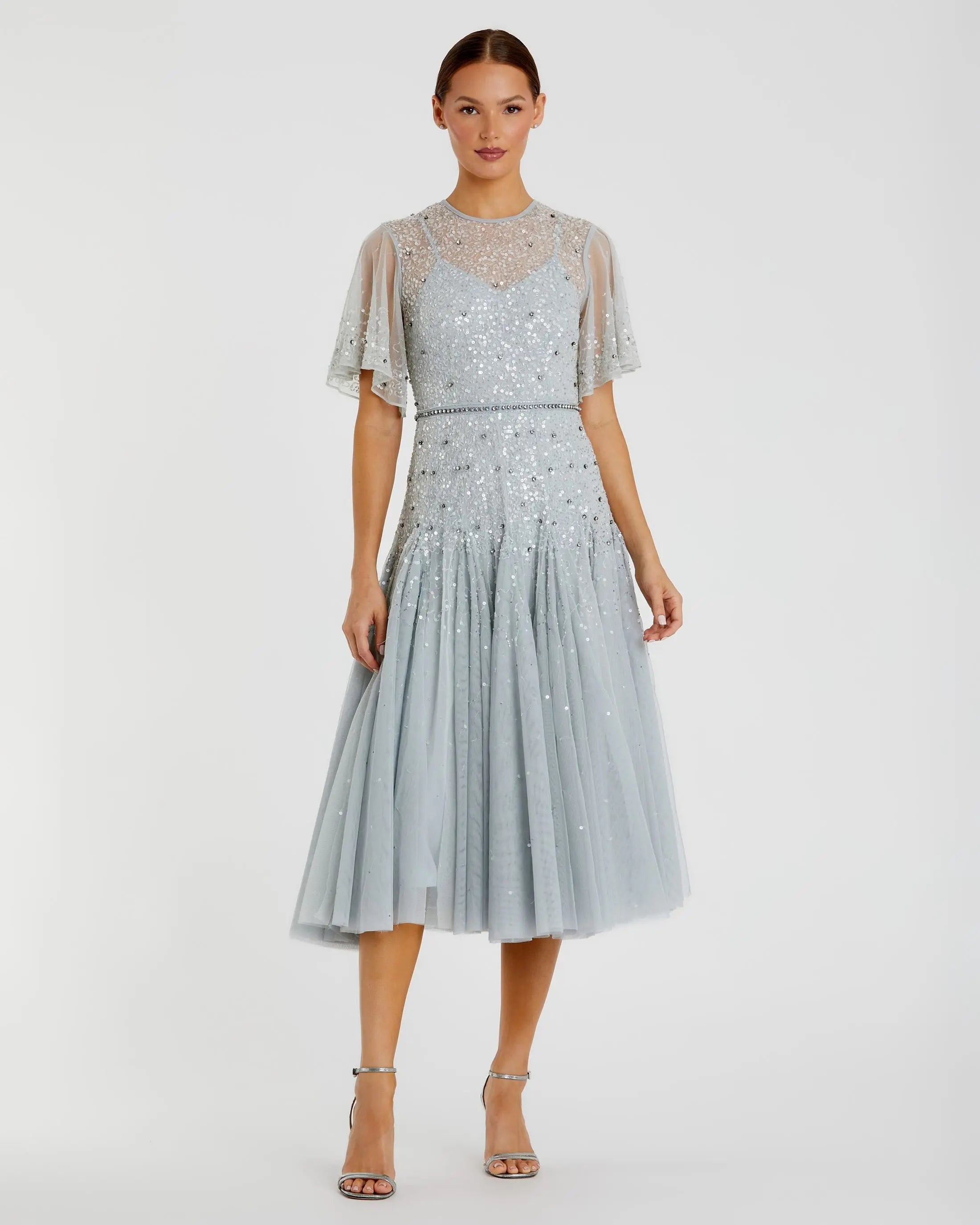 Blue Flutter Sleeve Beaded Tea Length Drop Waist Dress - FINAL SALE-Myartka