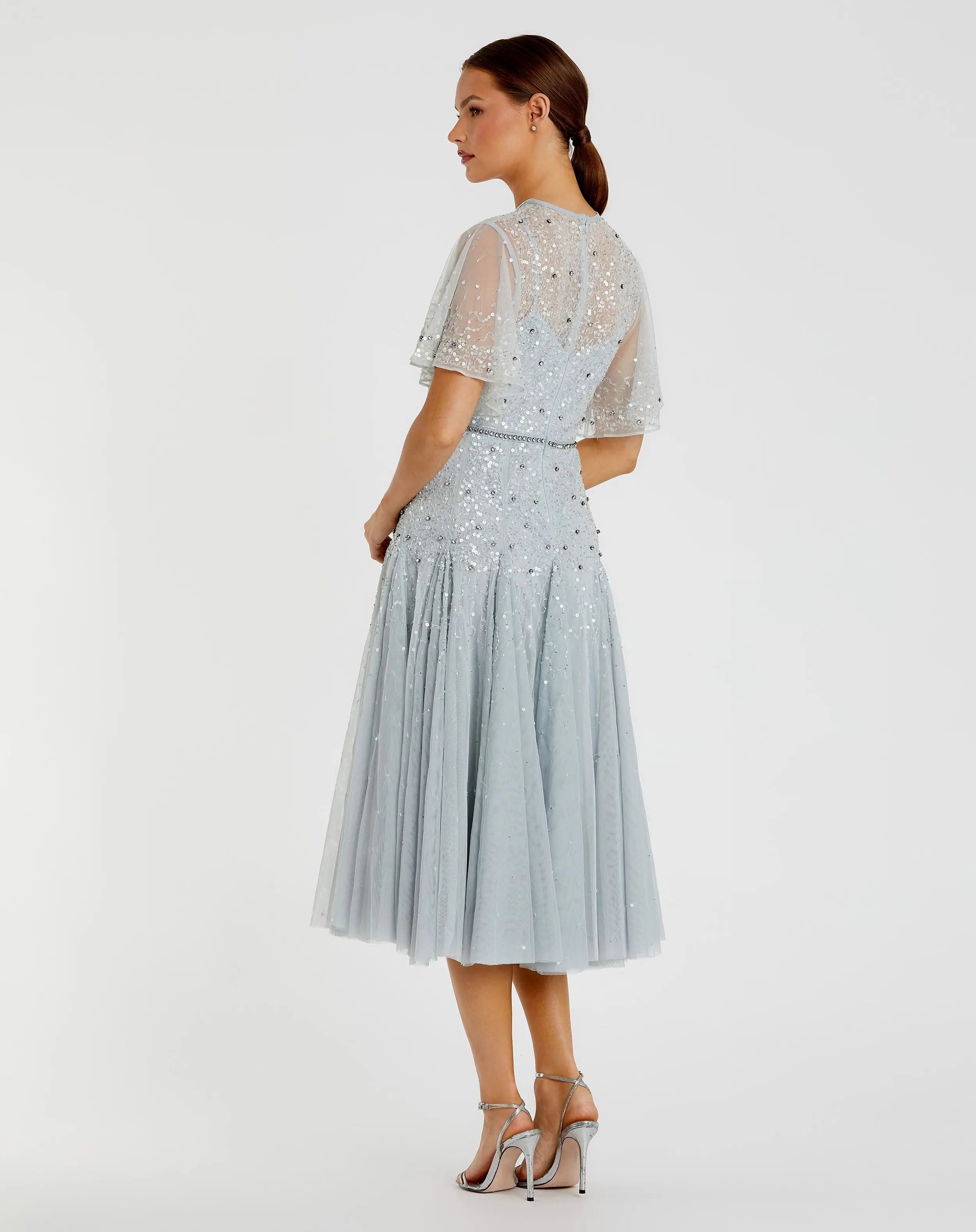 Blue Flutter Sleeve Beaded Tea Length Drop Waist Dress - FINAL SALE-Myartka