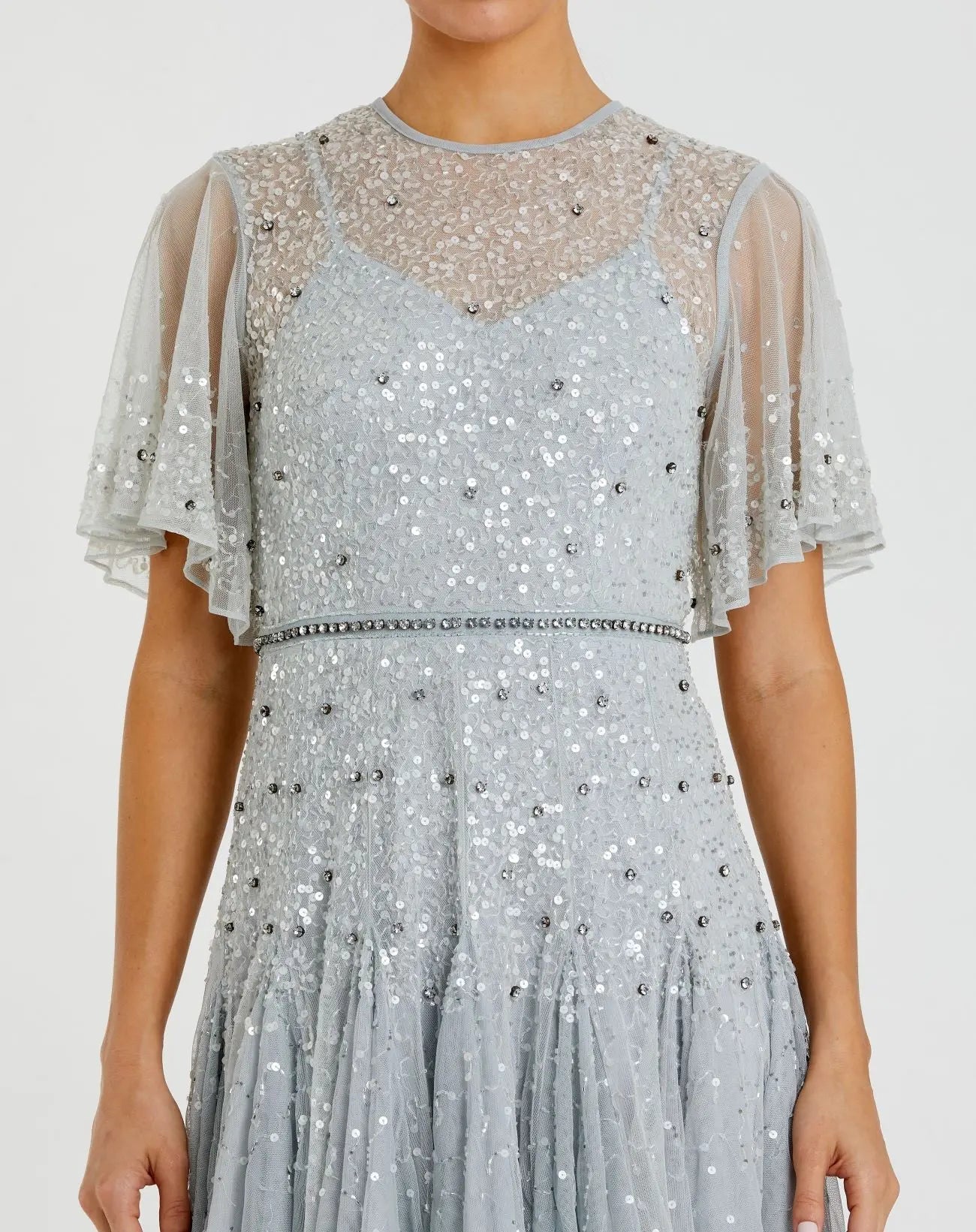 Blue Flutter Sleeve Beaded Tea Length Drop Waist Dress - FINAL SALE-Myartka