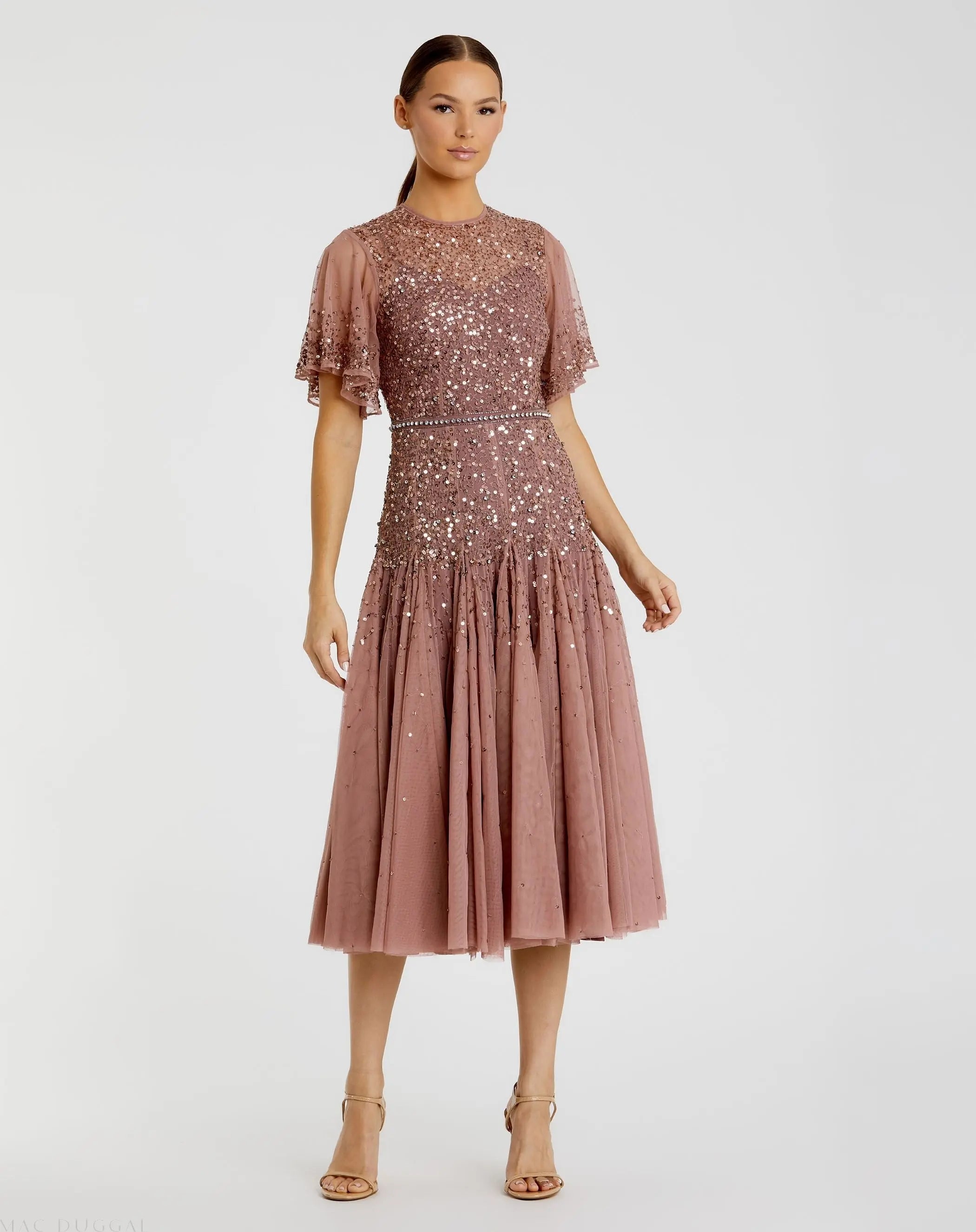 Cape Sleeve Beaded Tea Length A-line Dress-Myartka