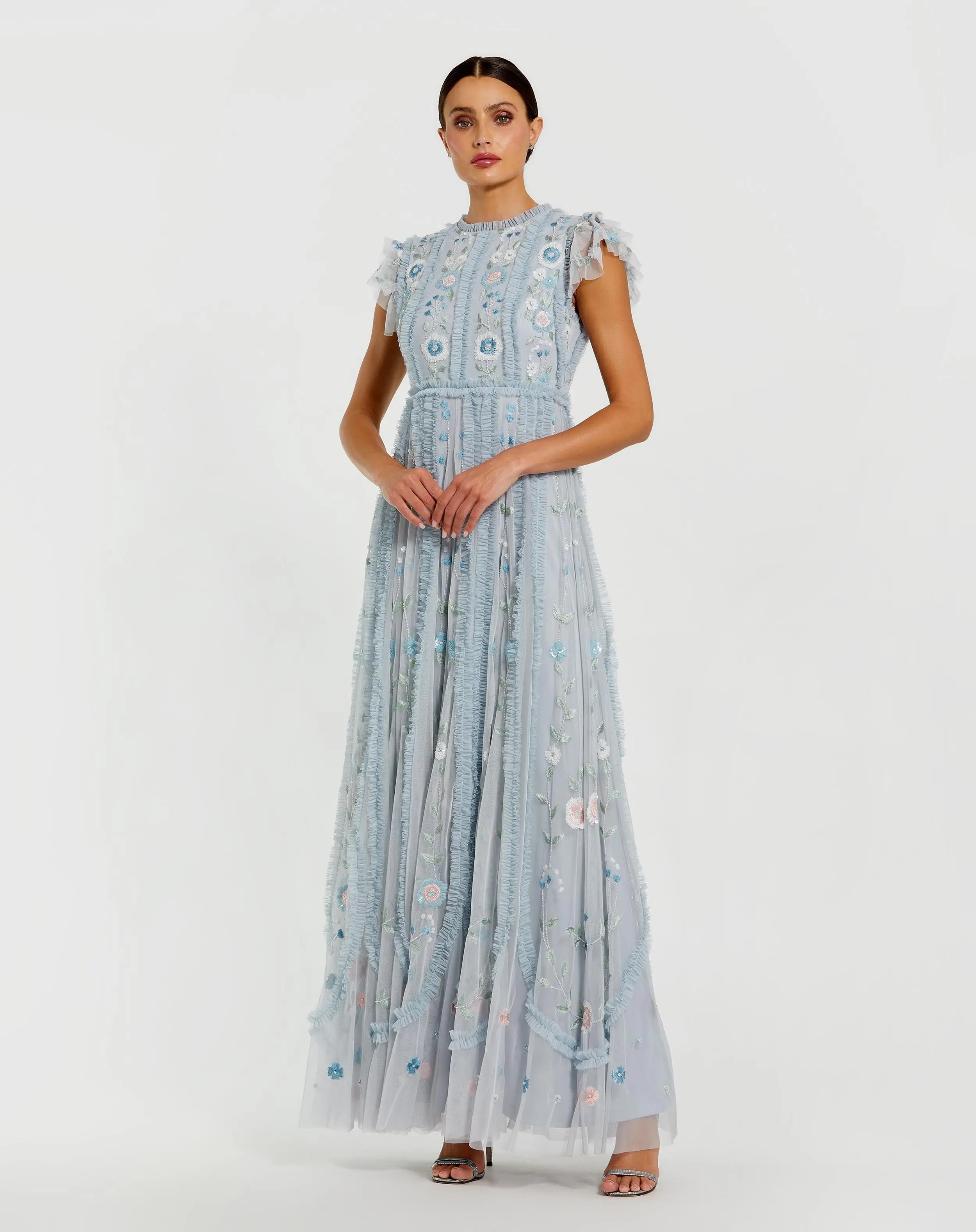 Blue Floral Embroidered Ruffle A Line Gown-Myartka