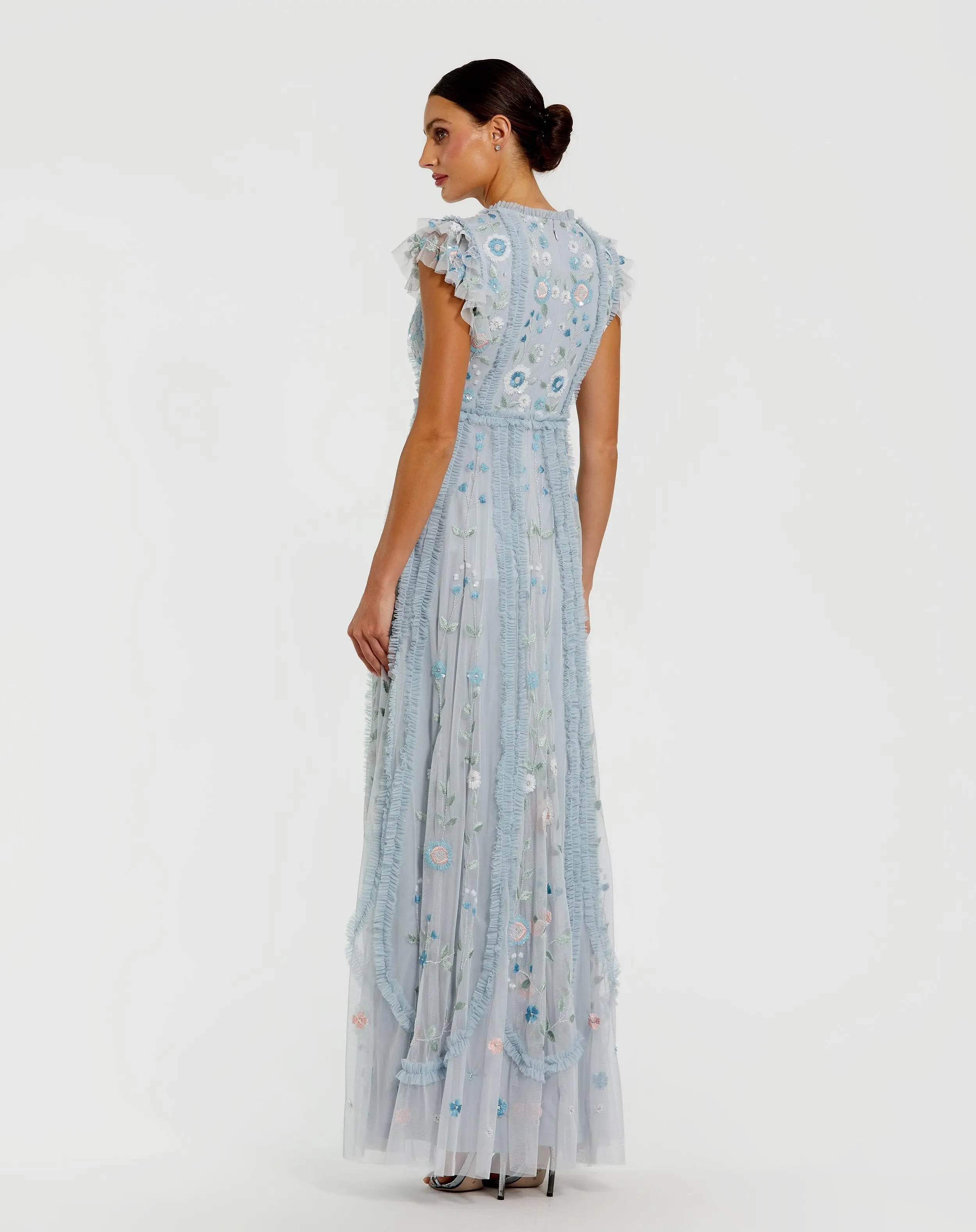 Blue Floral Embroidered Ruffle A Line Gown-Myartka