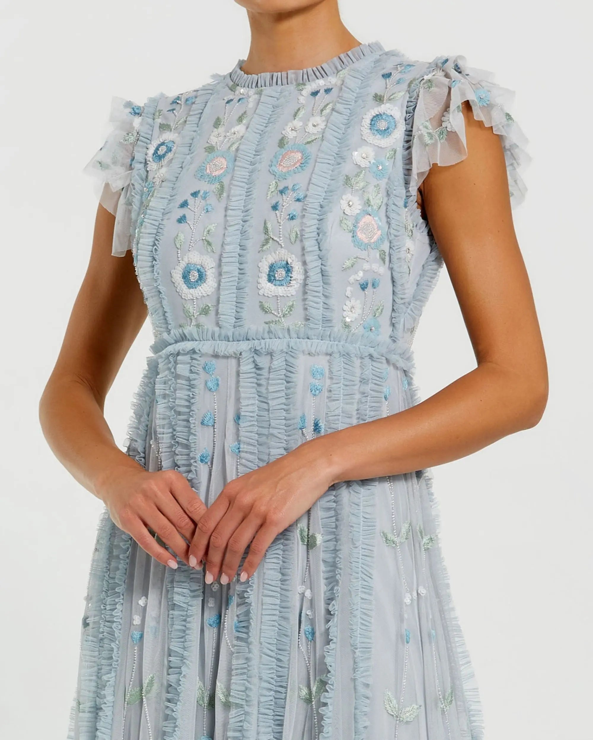 Blue Floral Embroidered Ruffle A Line Gown-Myartka