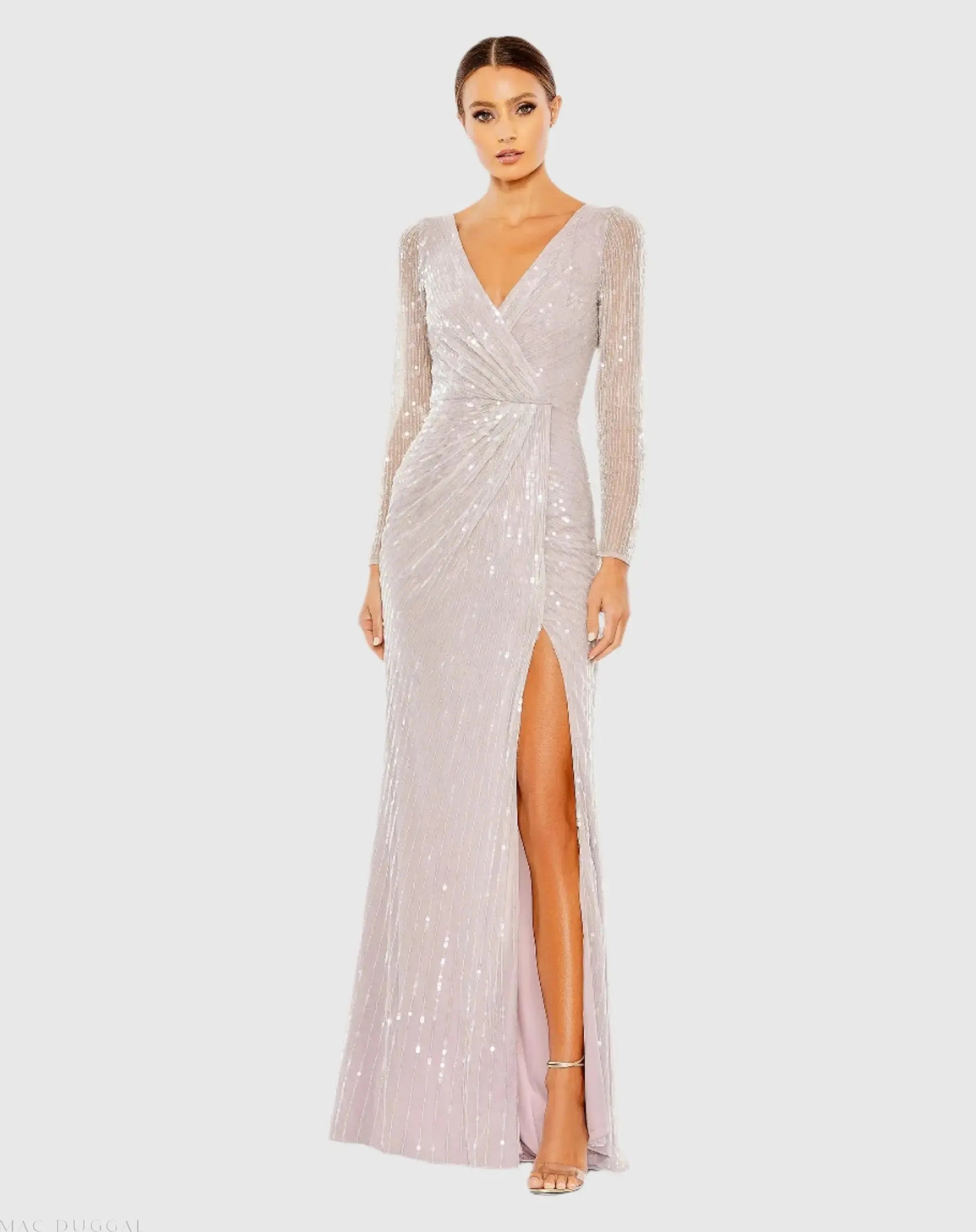 Sequined Faux Wrap Long Sleeve Gown-Myartka