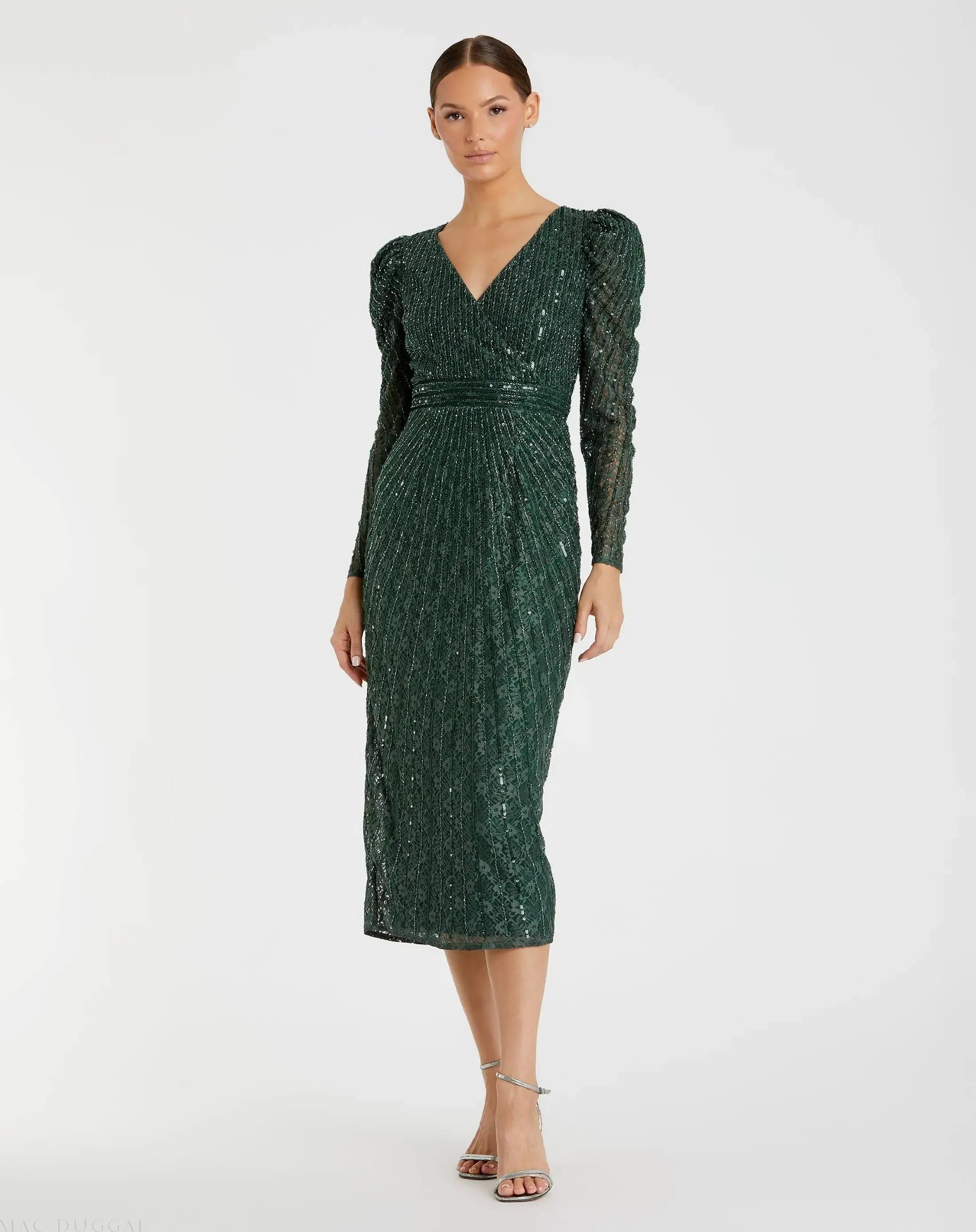 Beaded Lace Long Sleeve Midi Dress-Myartka