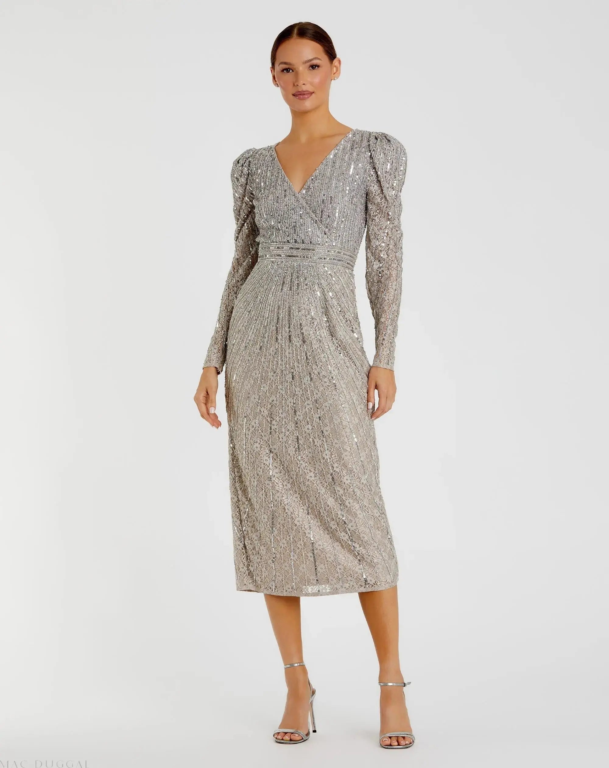 Beaded Lace Long Sleeve Midi Dress-Myartka