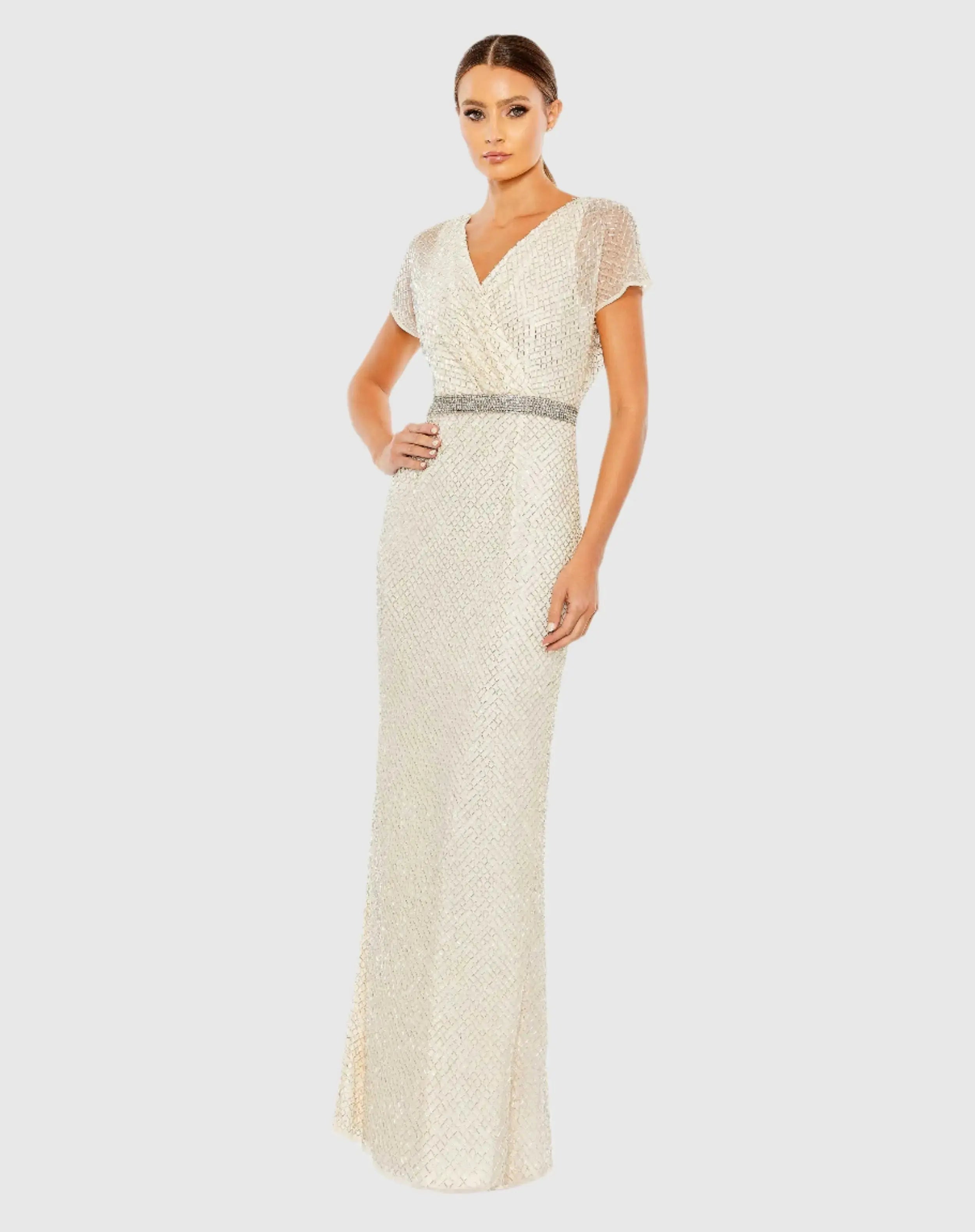 White Beaded Short Sleeve Column Gown - FINAL SALE-Myartka