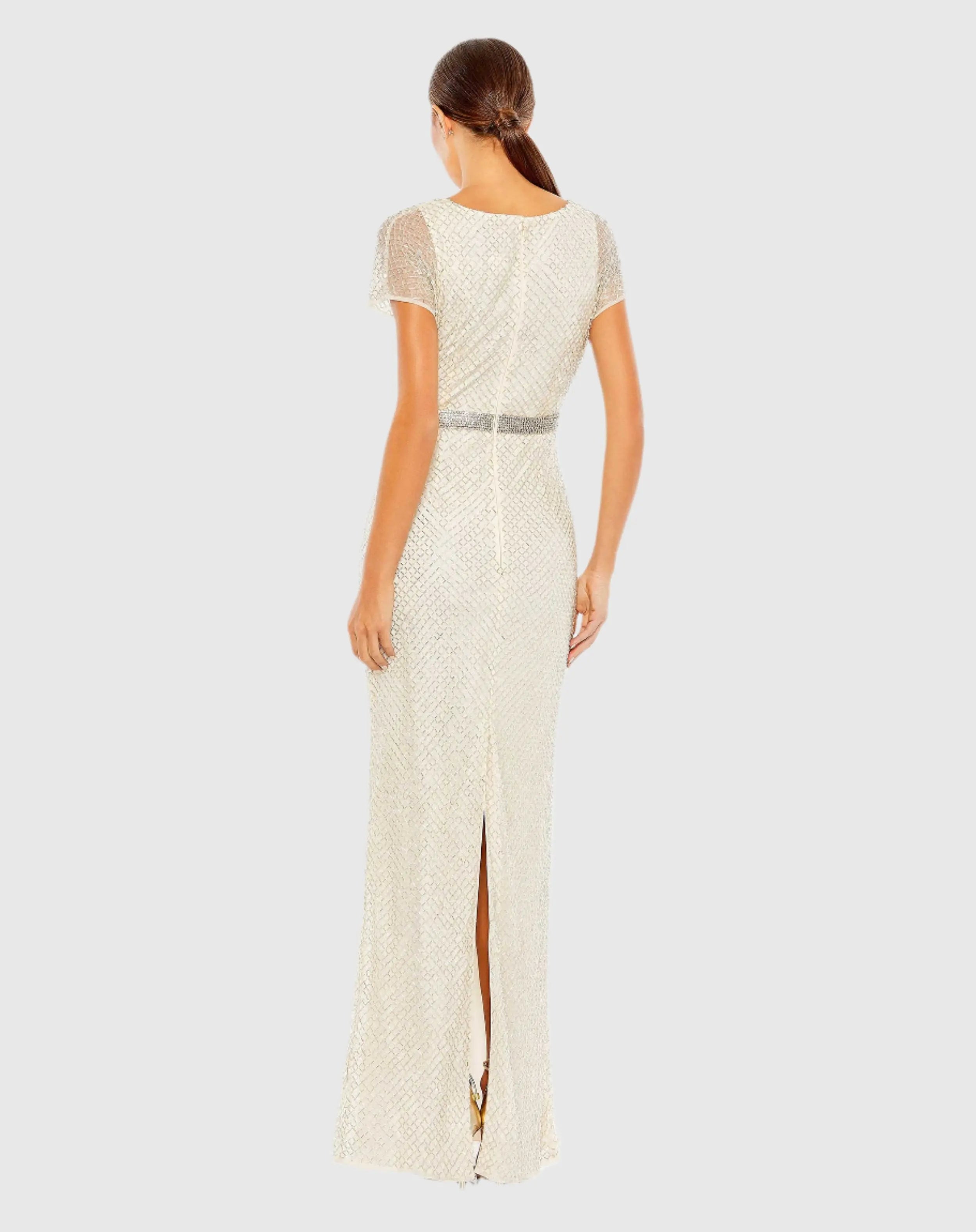 White Beaded Short Sleeve Column Gown - FINAL SALE-Myartka
