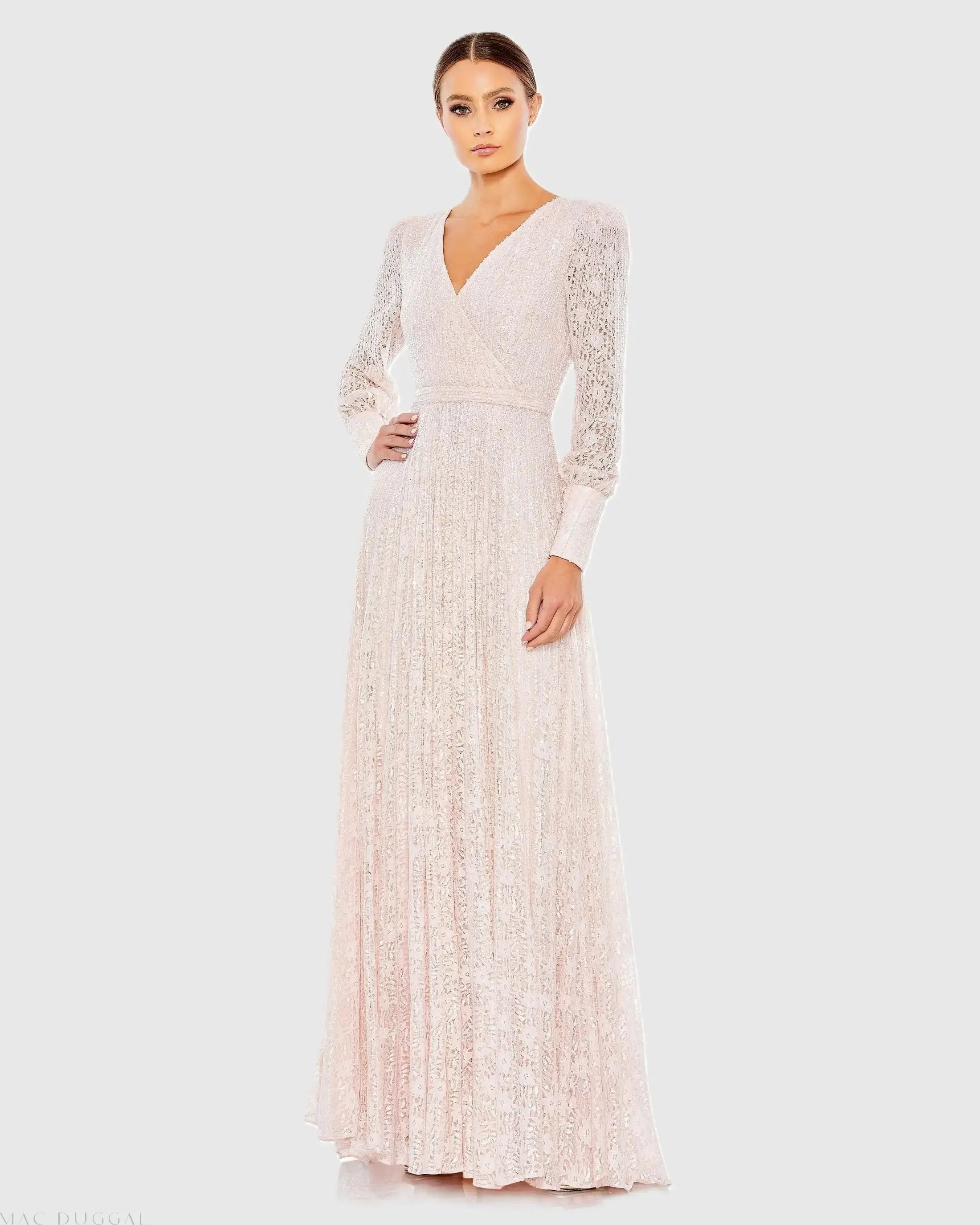 Pink Beaded Lace Long Sleeve Wrap Over Gown - FINAL SALE-Myartka
