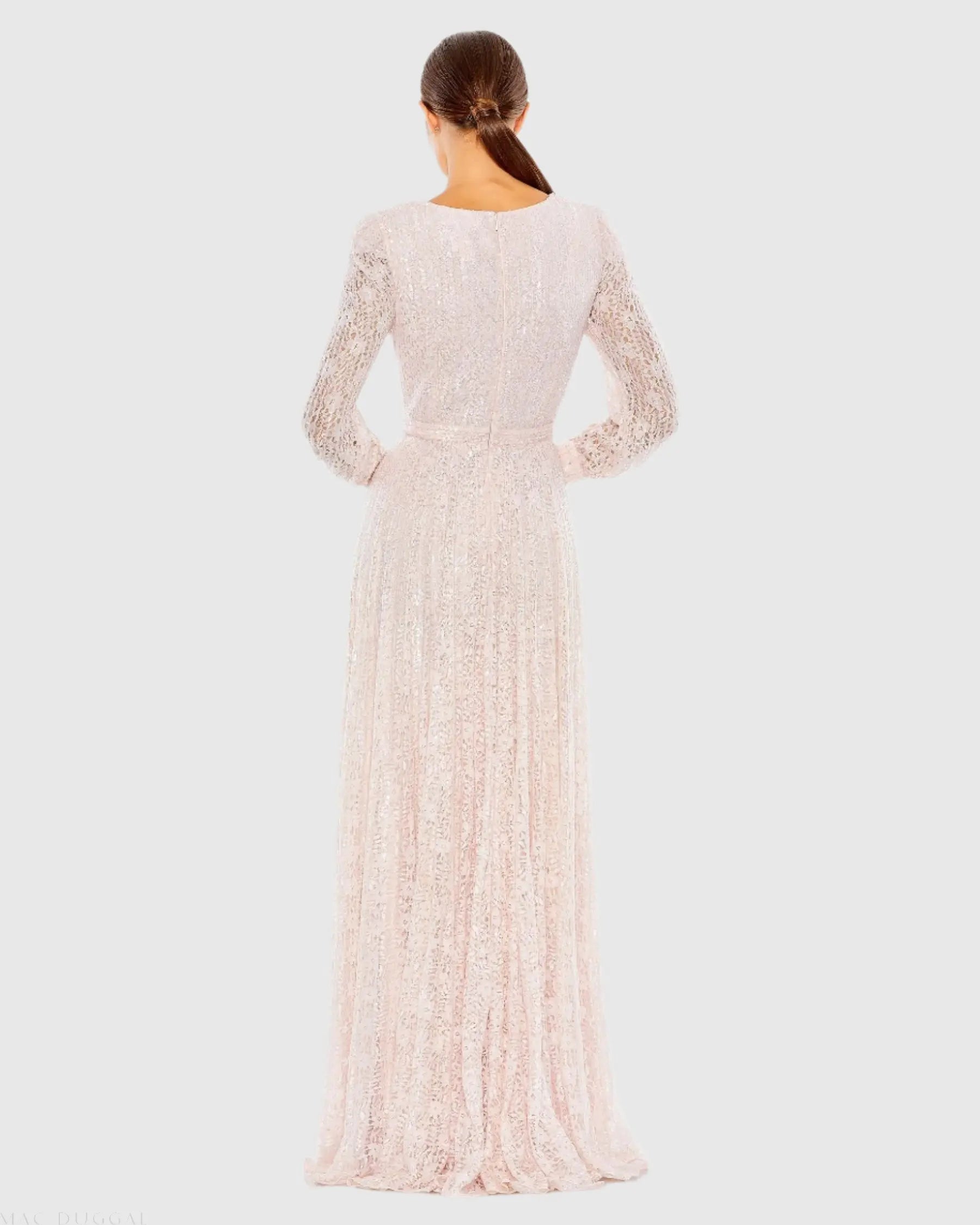 Pink Beaded Lace Long Sleeve Wrap Over Gown - FINAL SALE-Myartka
