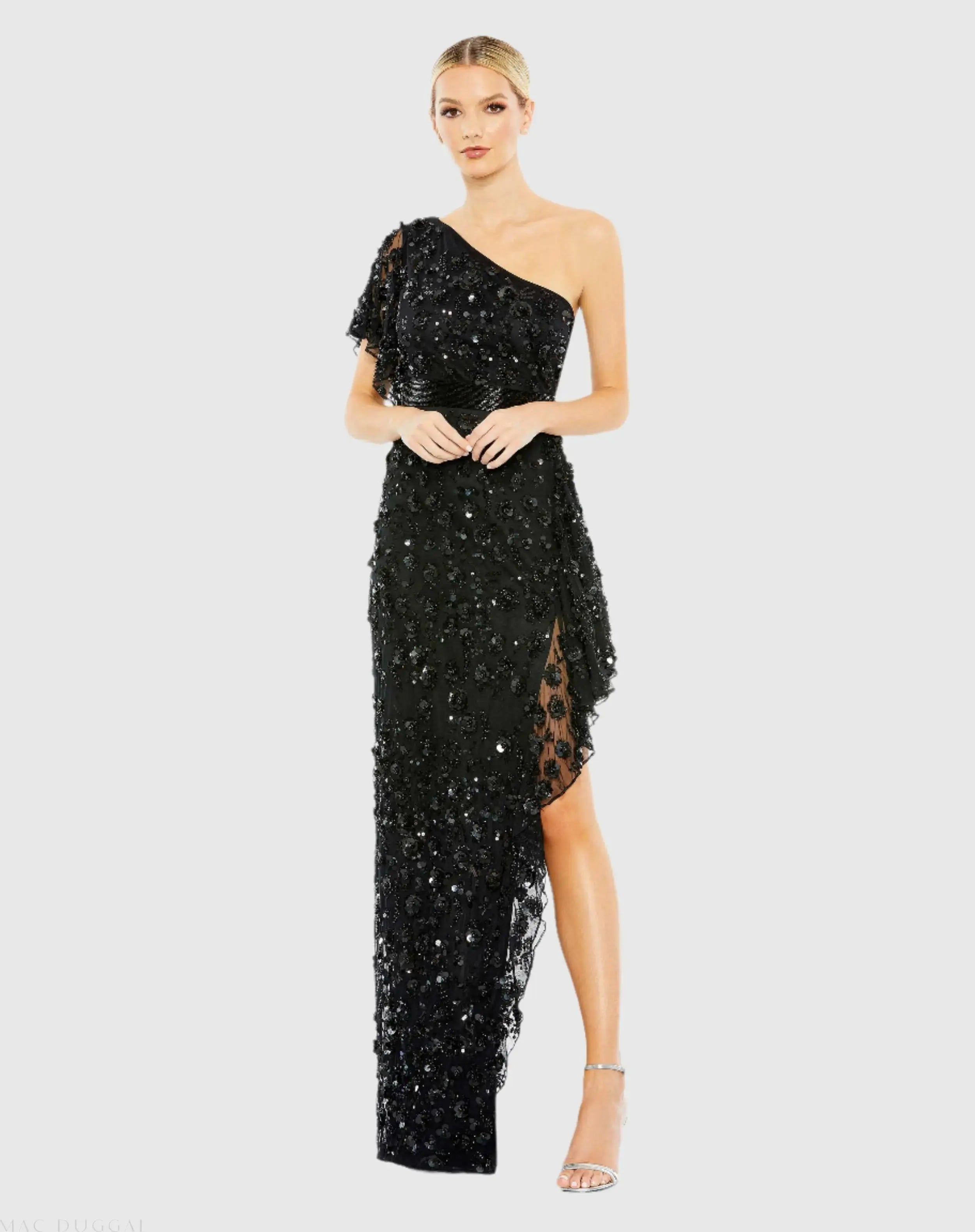 One Shoulder Beaded Embellished Gown with Asymmetrical Hem-Myartka