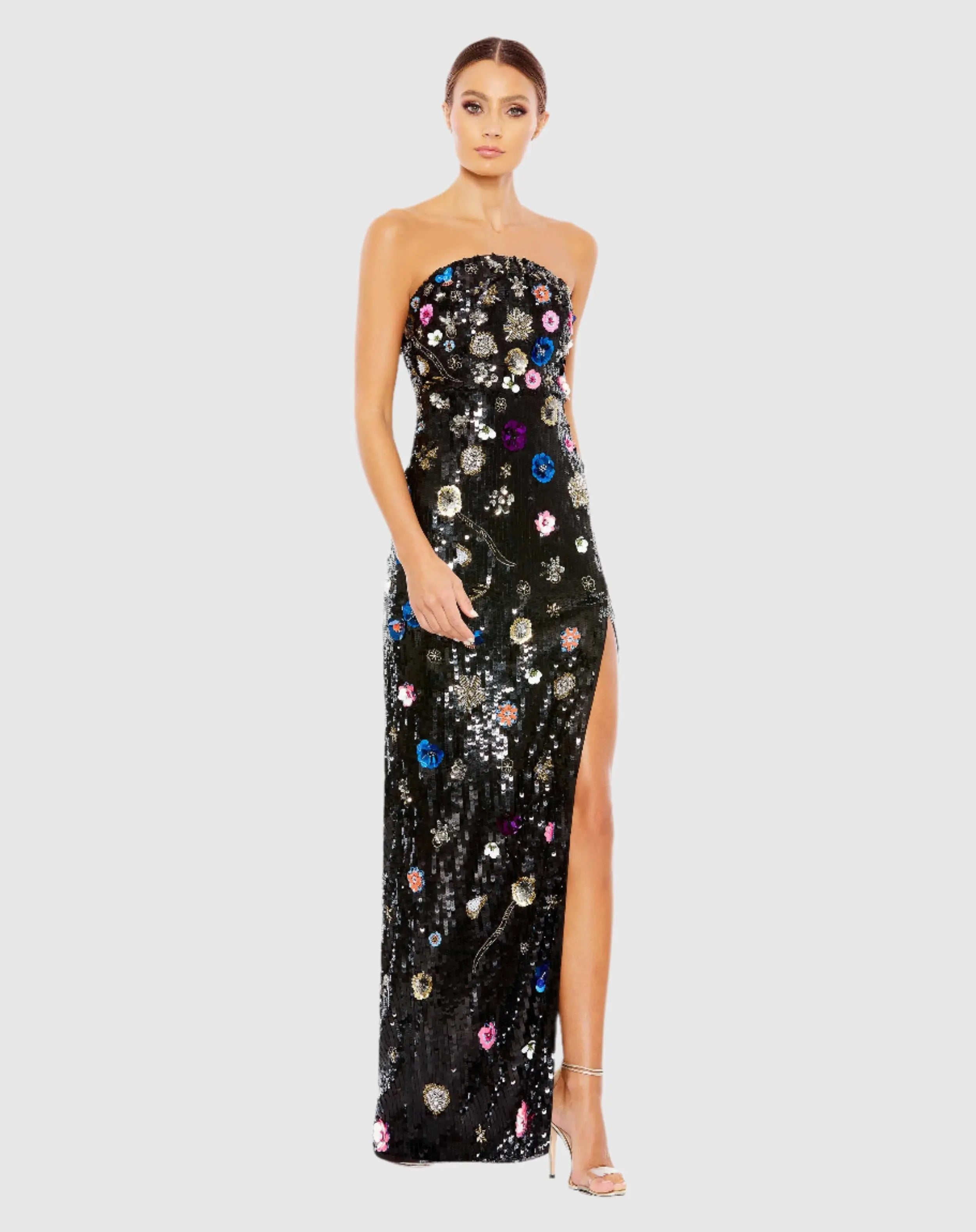 Black Floral Embellished Strapless Column Gown-Myartka