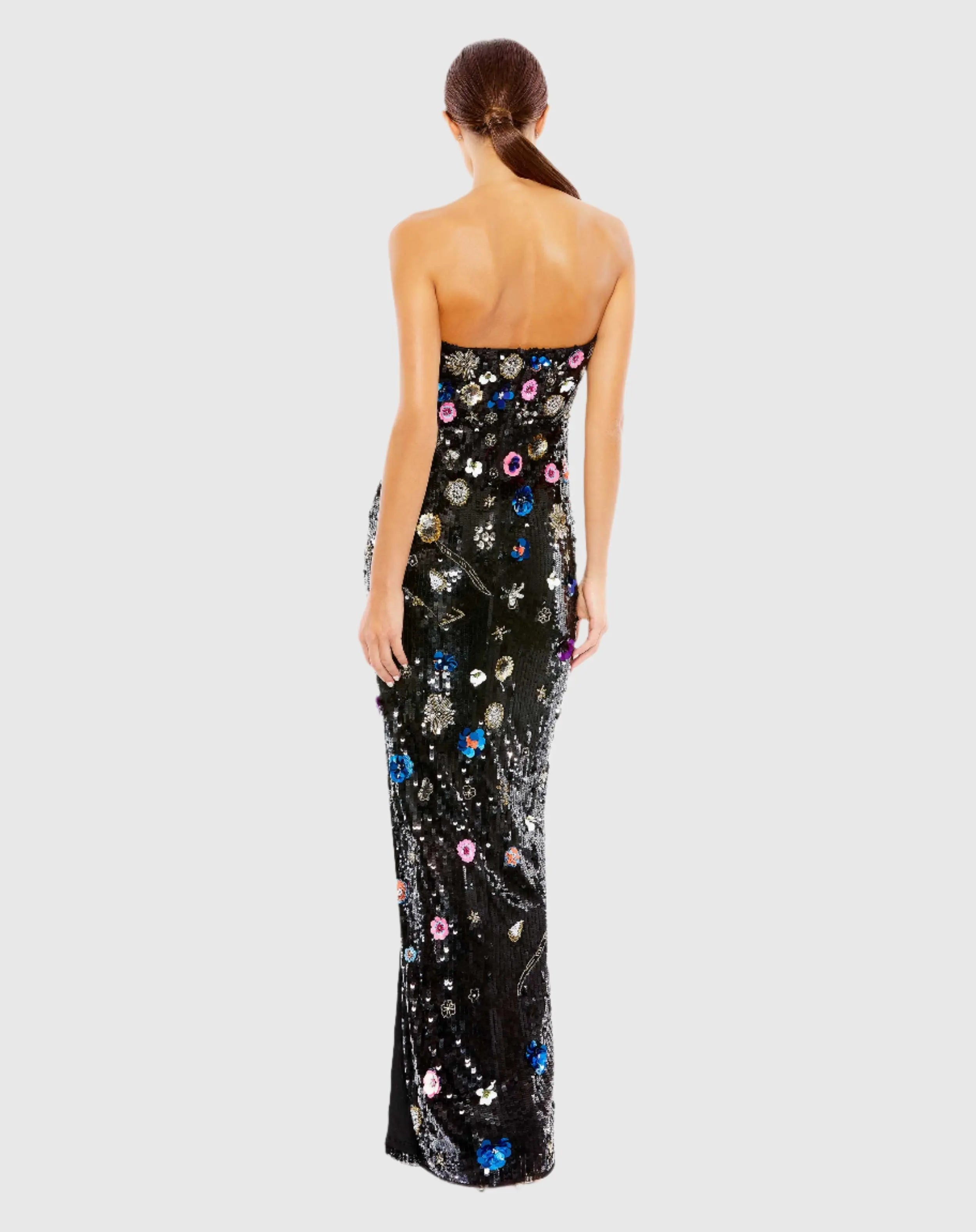 Black Floral Embellished Strapless Column Gown-Myartka