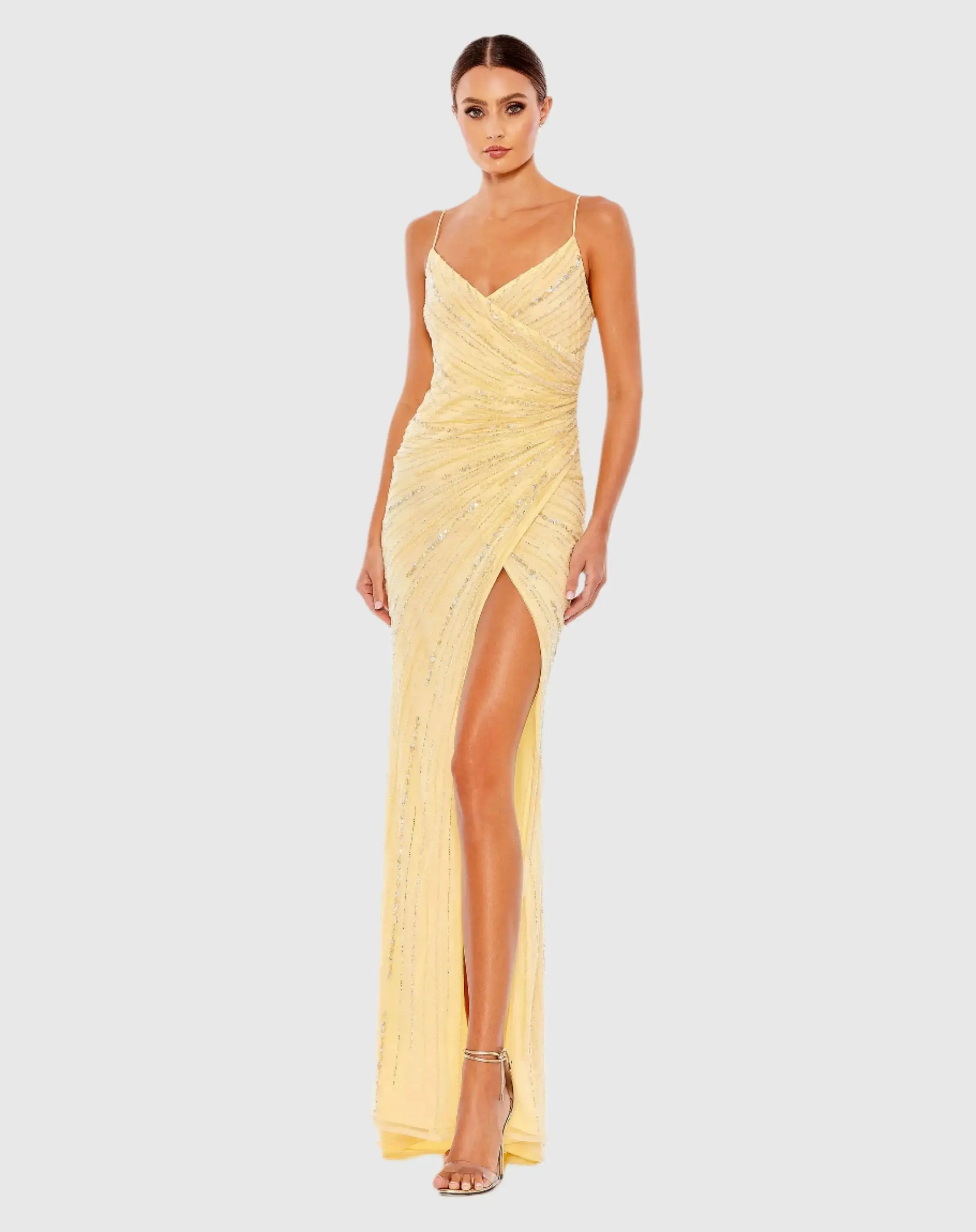 Beaded Sleeveless Faux Wrap Gown-Myartka