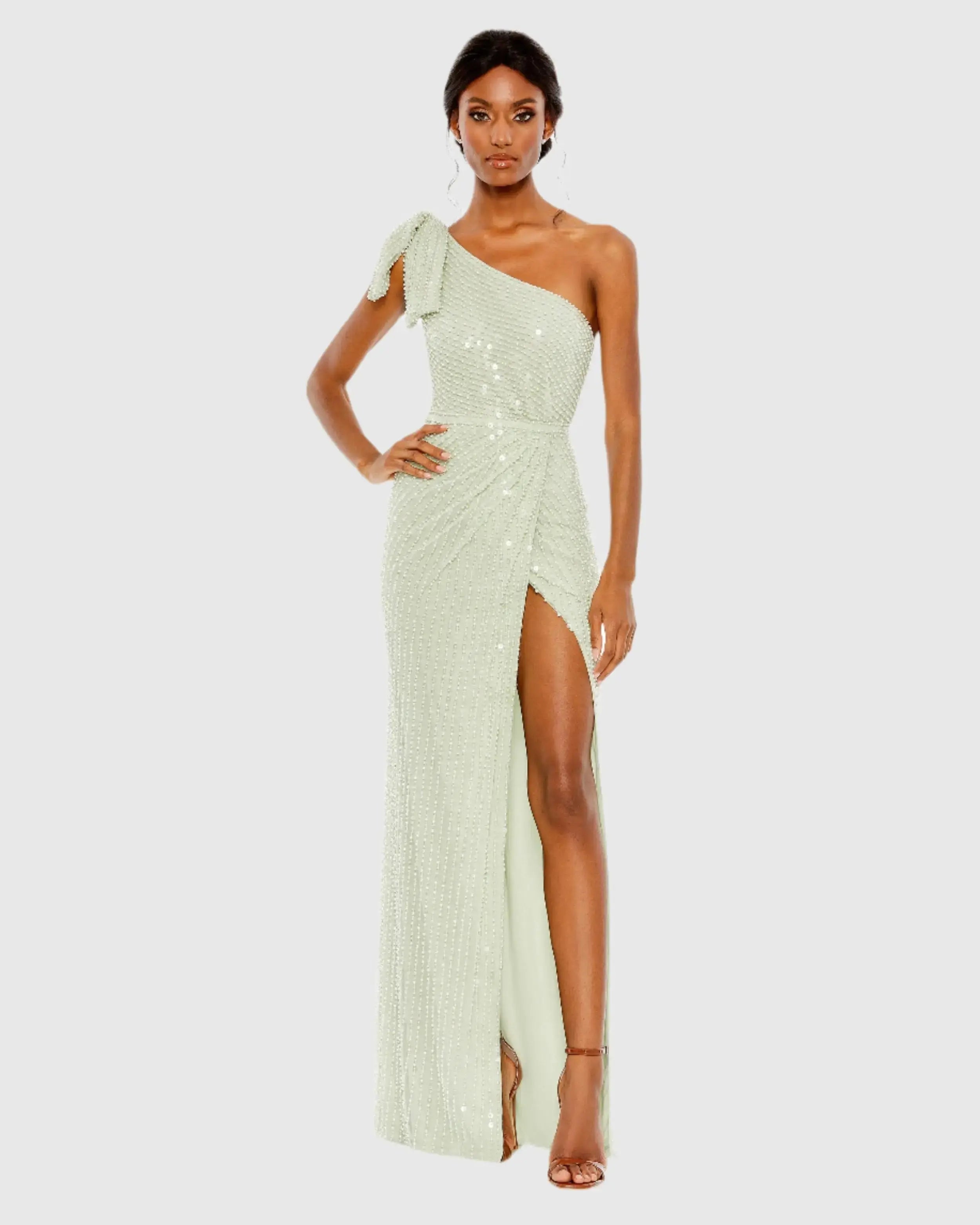 Pearl Embellished Soft Tie One Shoulder Gown-Myartka