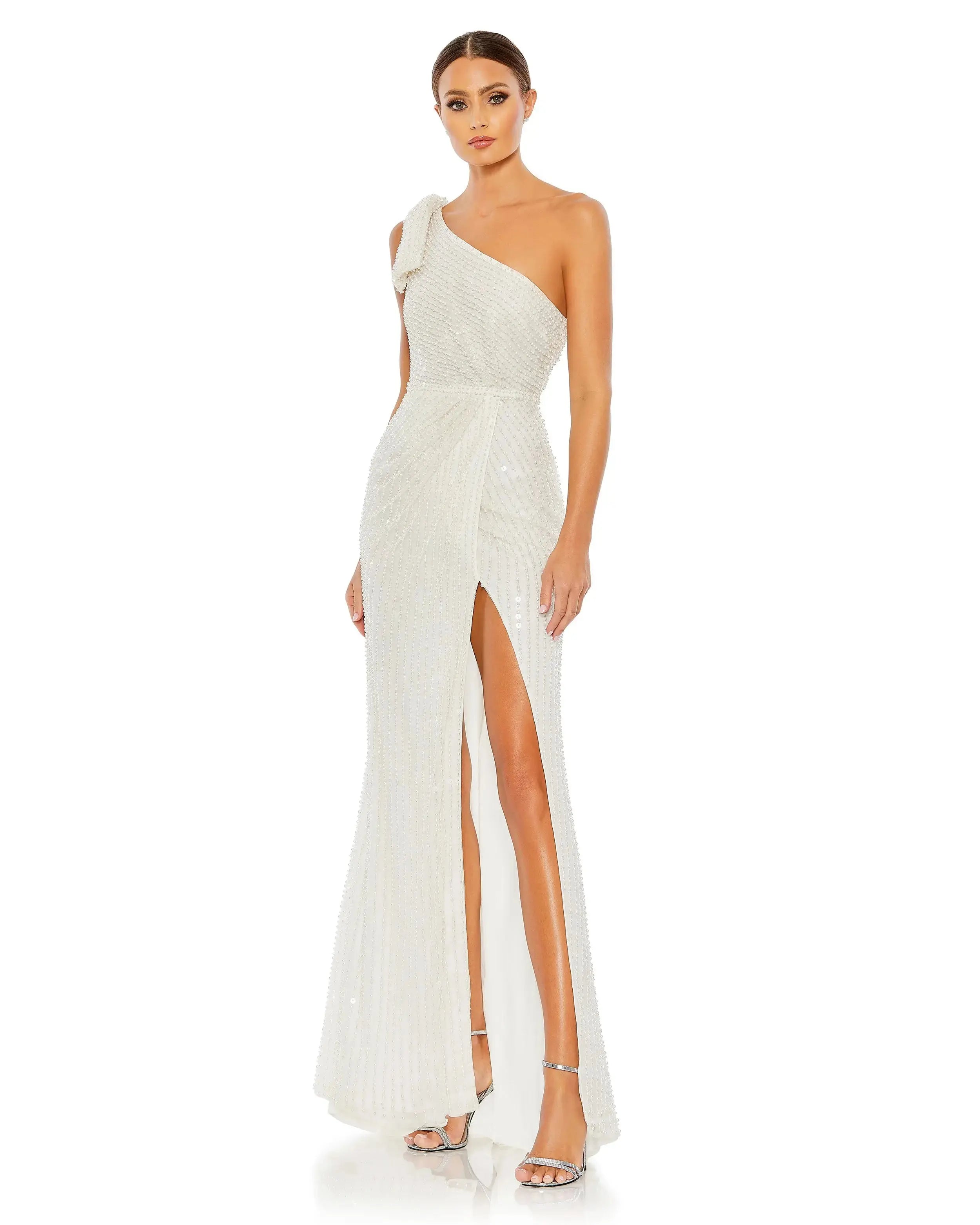 Pearl Embellished Soft Tie One Shoulder Gown-Myartka