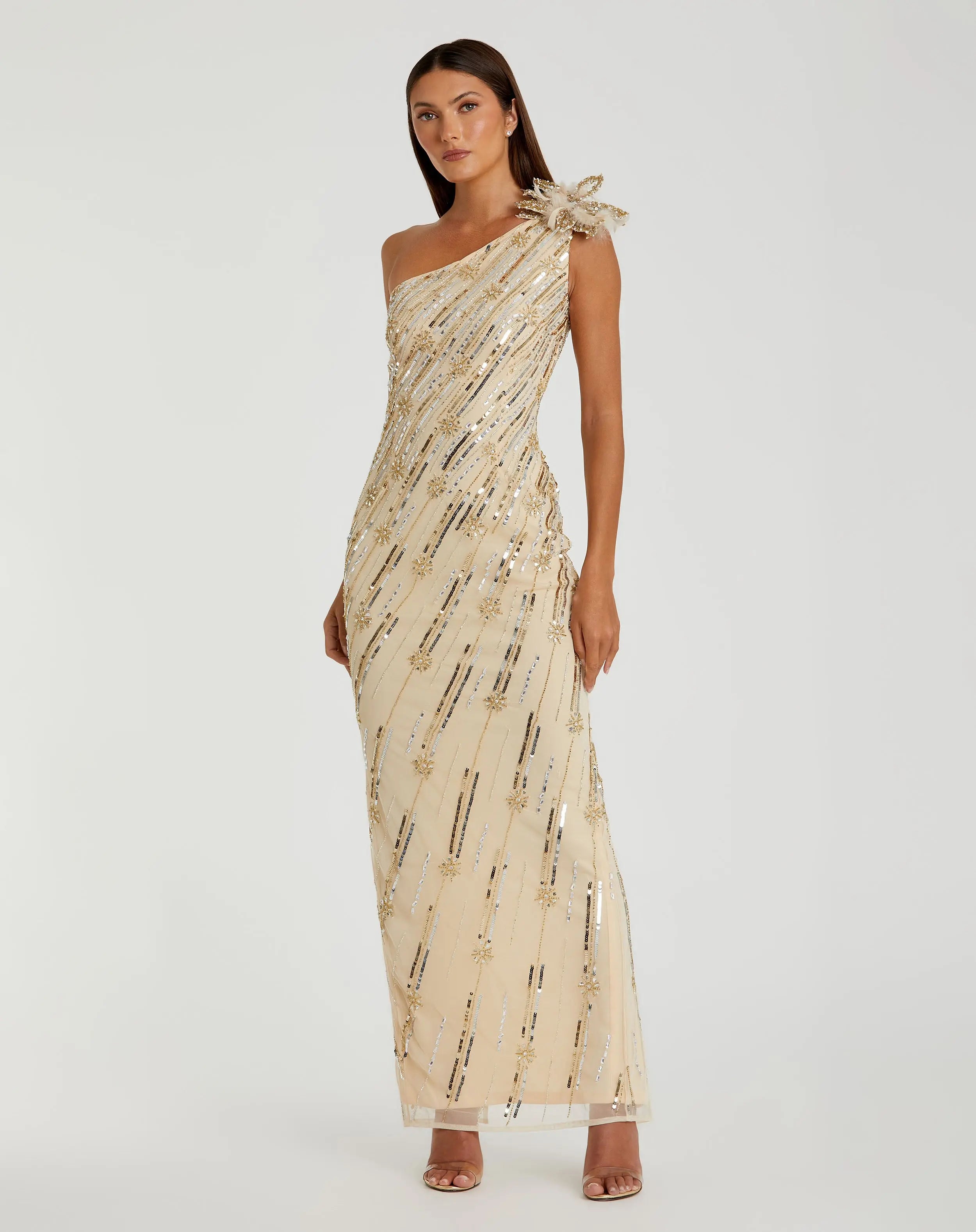 Gold Embellished Floral Detail One Shoulder Gown-Myartka