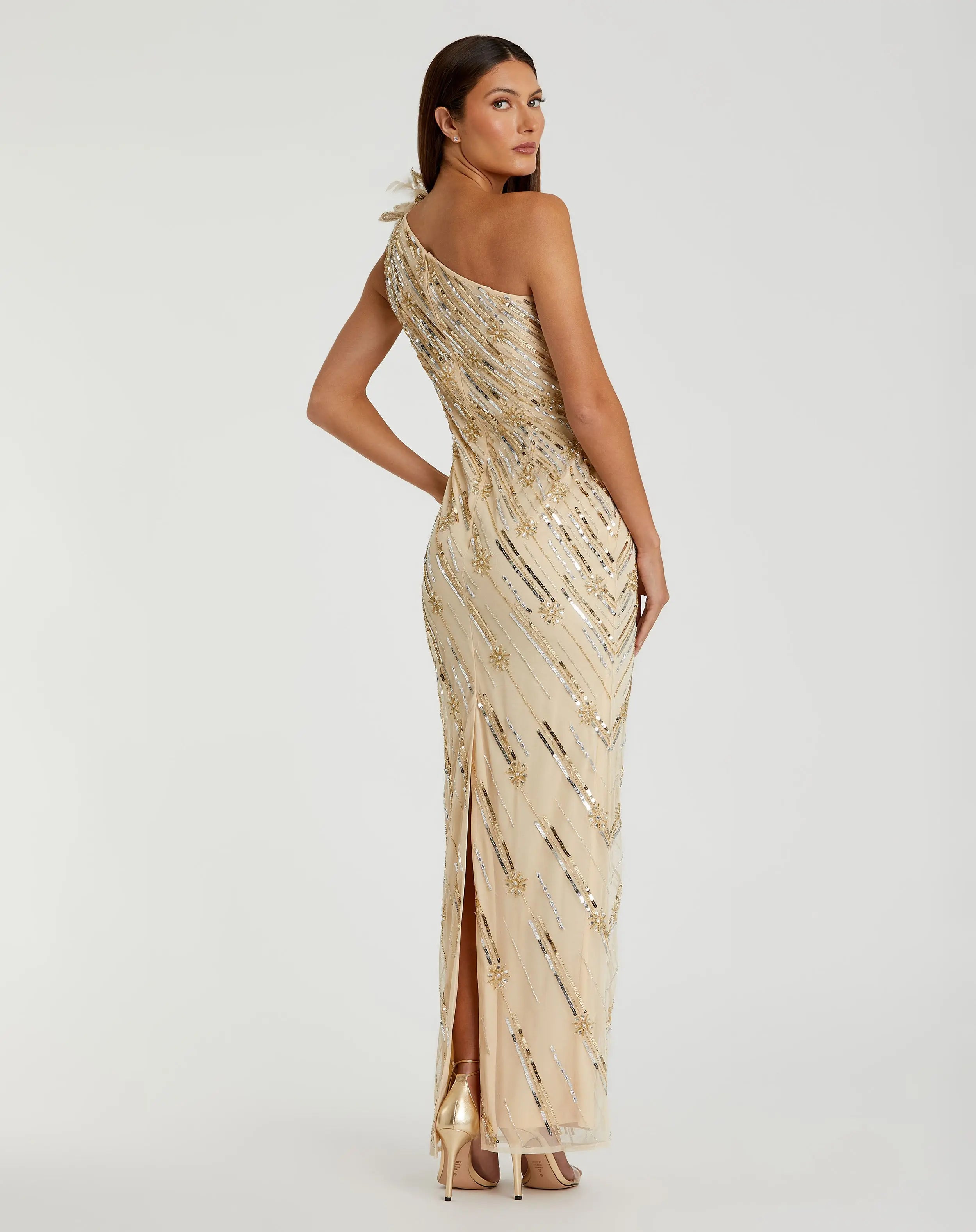 Gold Embellished Floral Detail One Shoulder Gown-Myartka