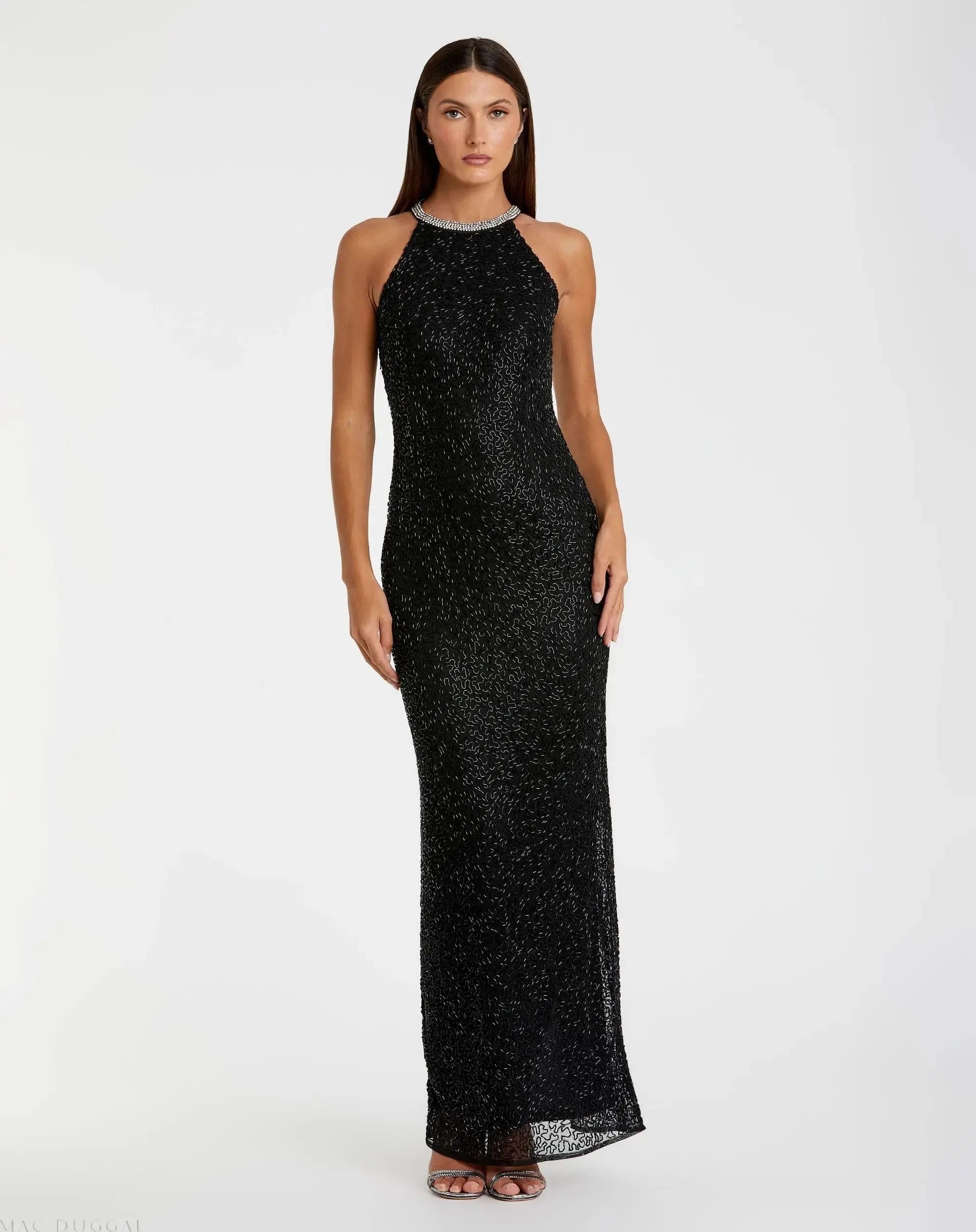 Black Beaded Sleeveless High Neck Column Gown-Myartka