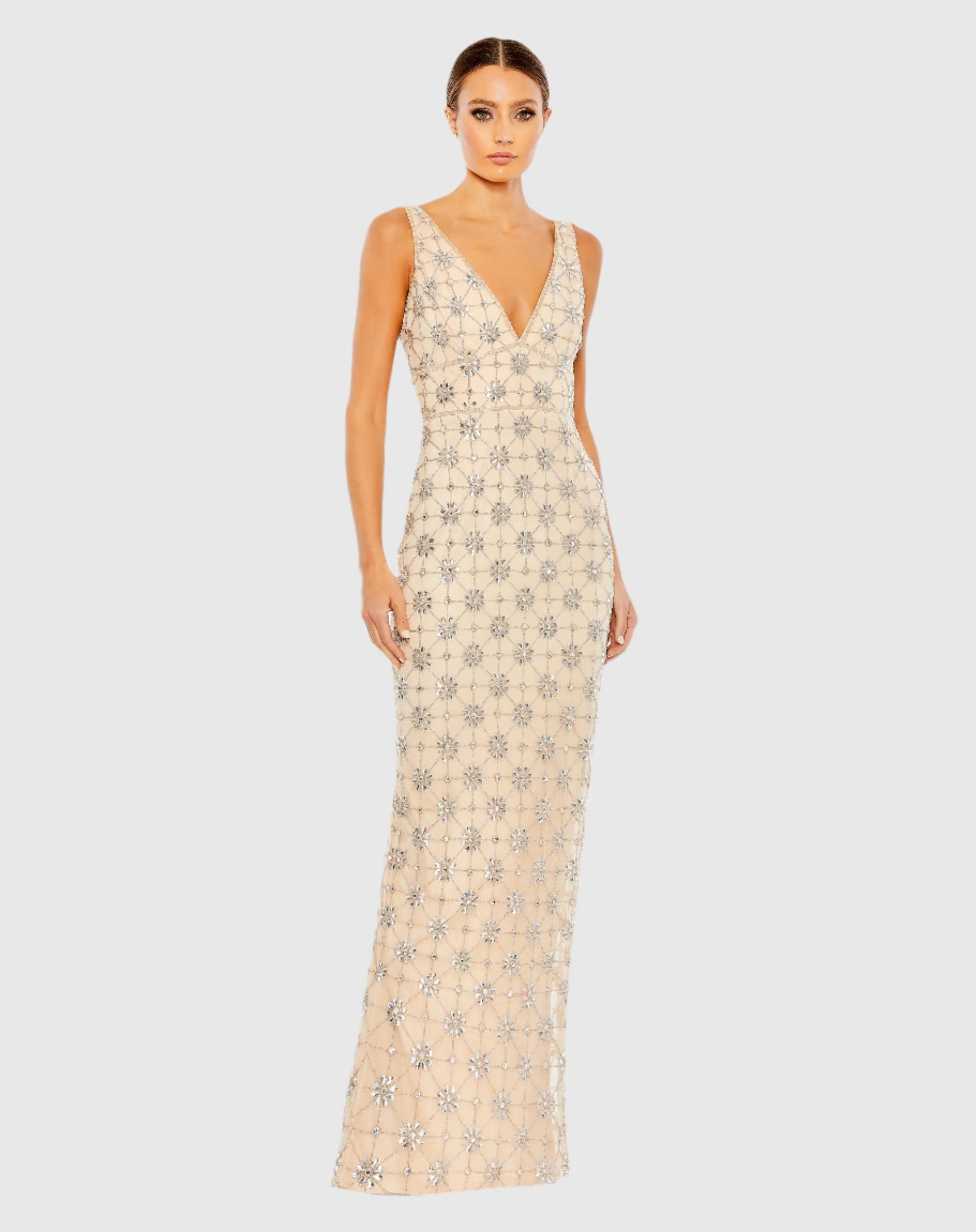 Beige Sleeveless Hand Beaded V-Neck Gown-Myartka
