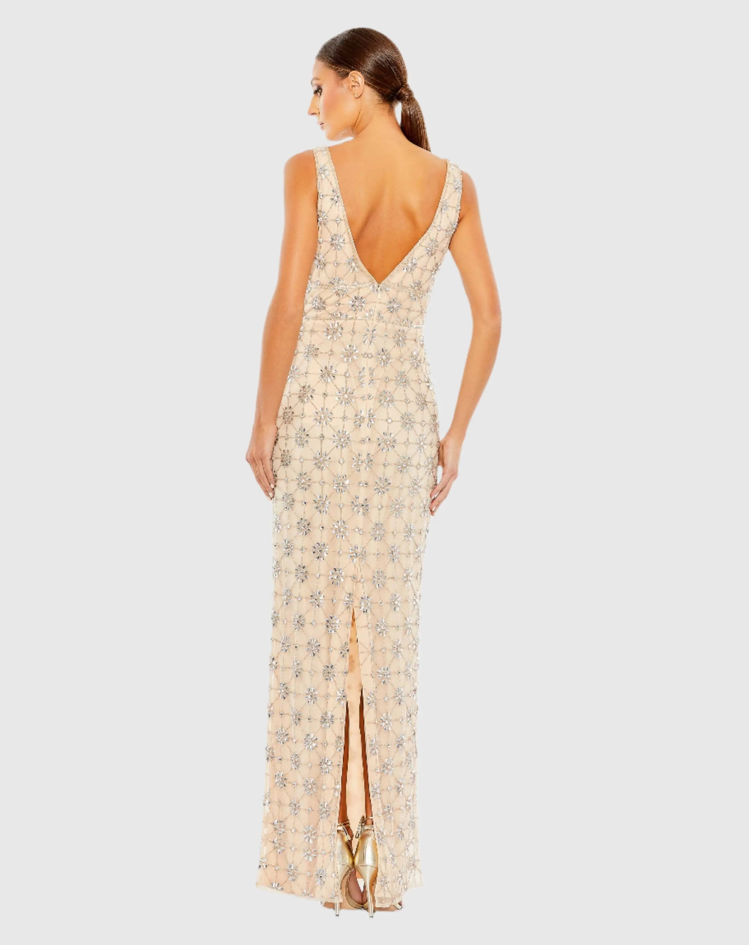Beige Sleeveless Hand Beaded V-Neck Gown-Myartka