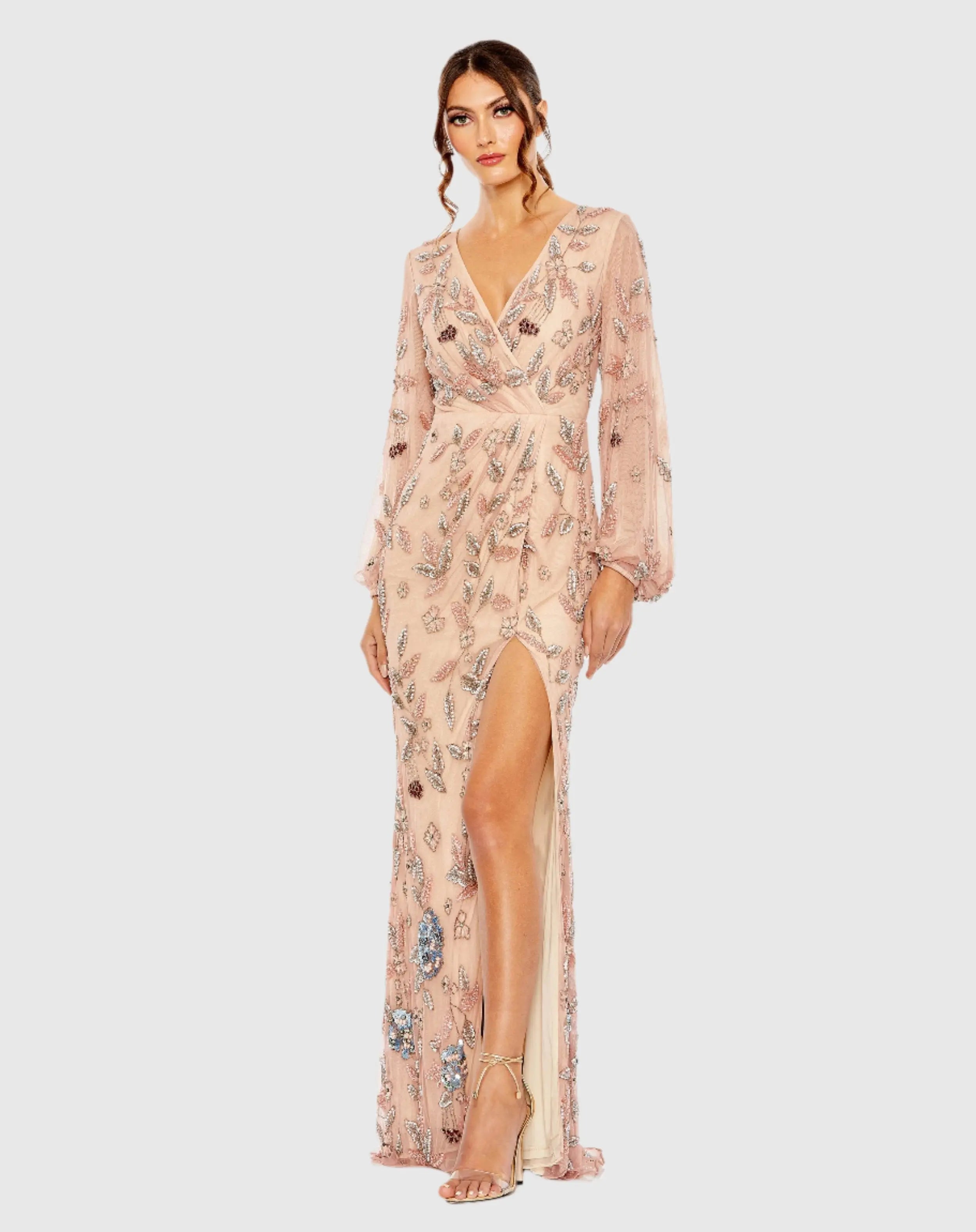 Pink Long Sleeve Floral Beaded Surplice Wrap Gown - FINAL SALE-Myartka