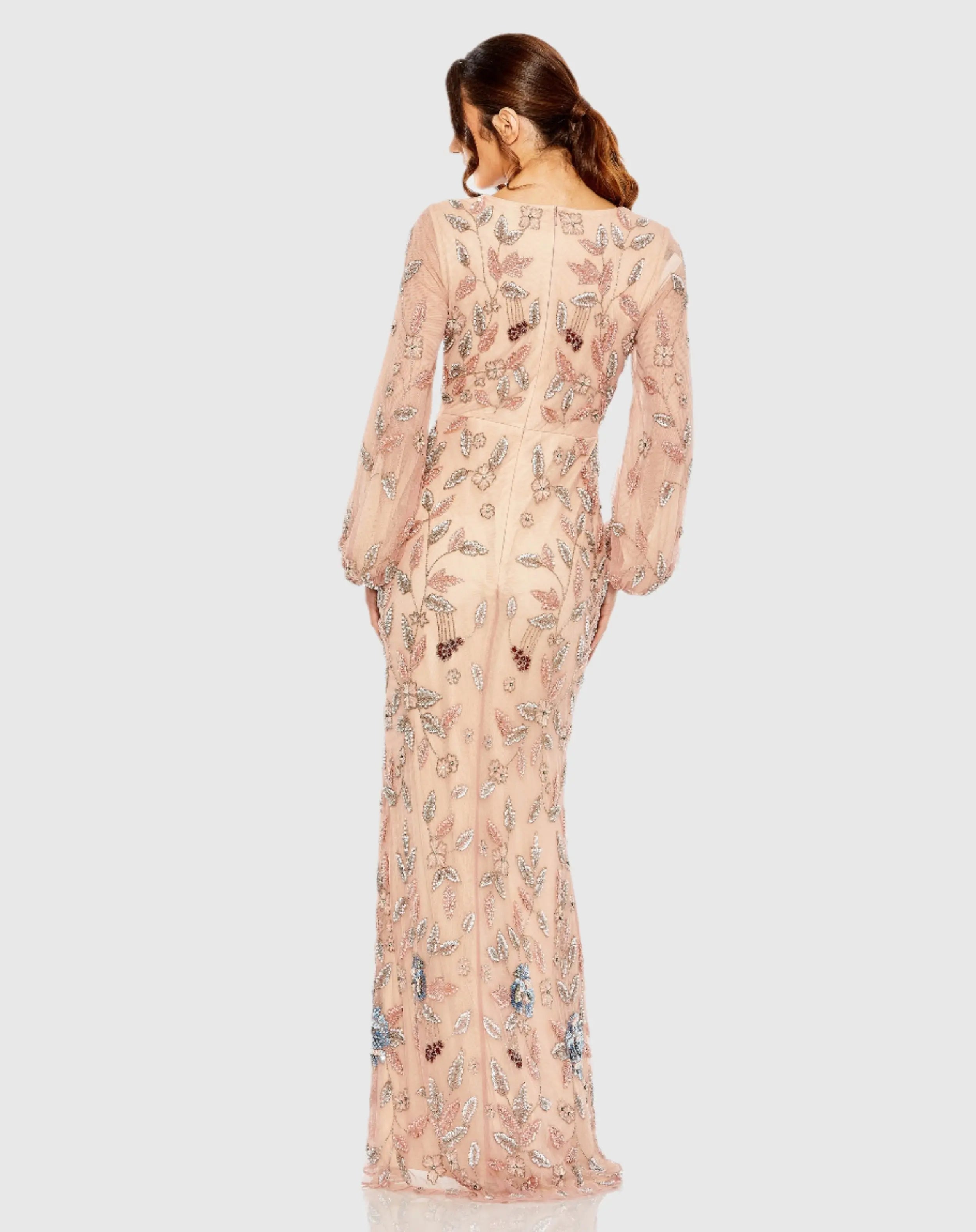 Pink Long Sleeve Floral Beaded Surplice Wrap Gown - FINAL SALE-Myartka