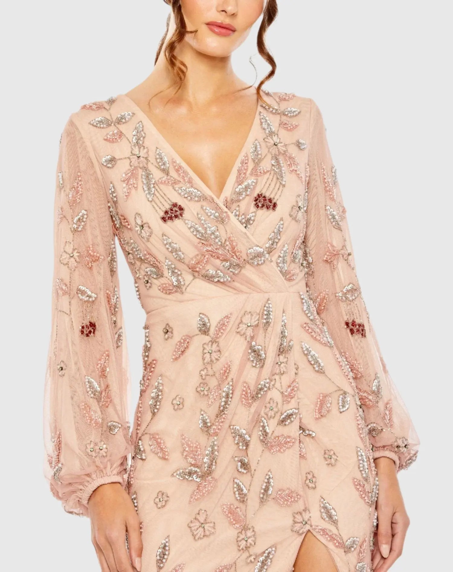 Pink Long Sleeve Floral Beaded Surplice Wrap Gown - FINAL SALE-Myartka