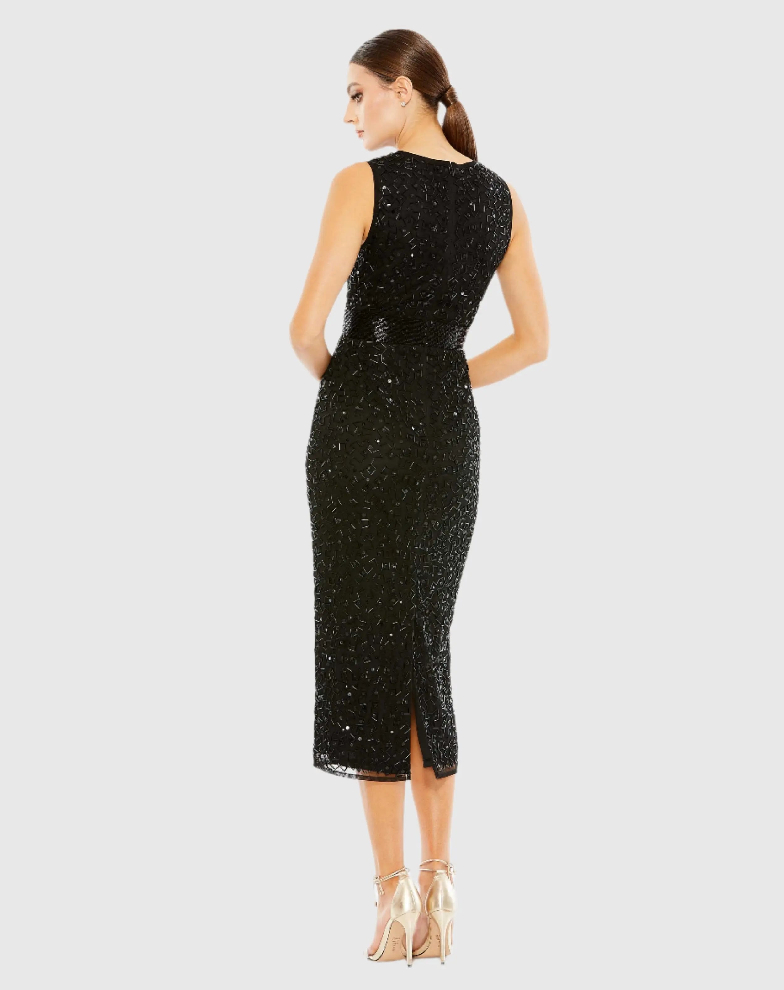Black Geometric Embellished Sleeveless Sheath Dress-Myartka
