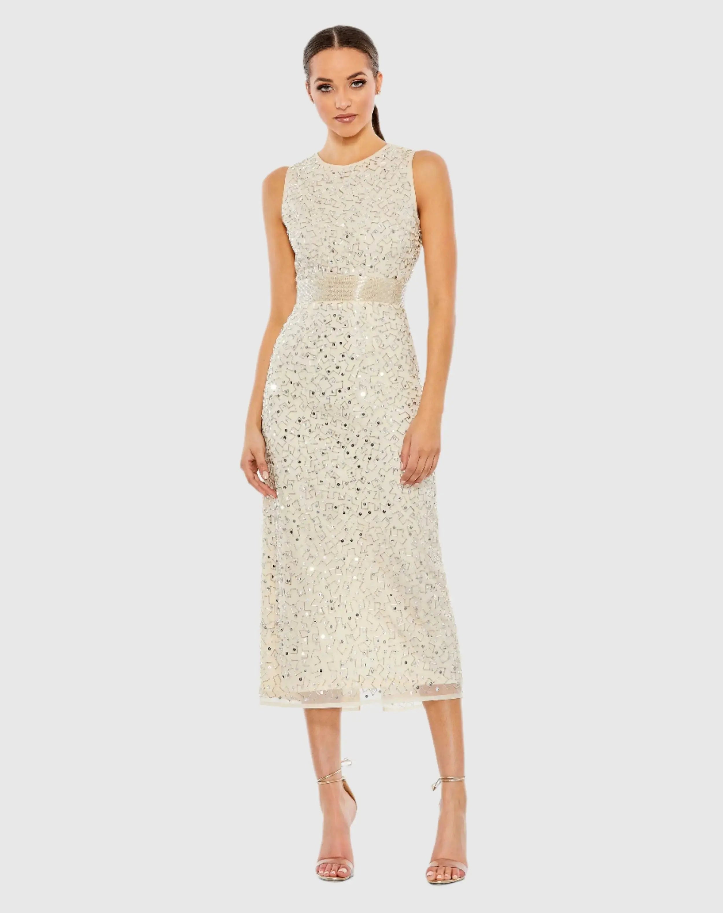 Geometric Embellished Sleeveless Column Dress-Myartka