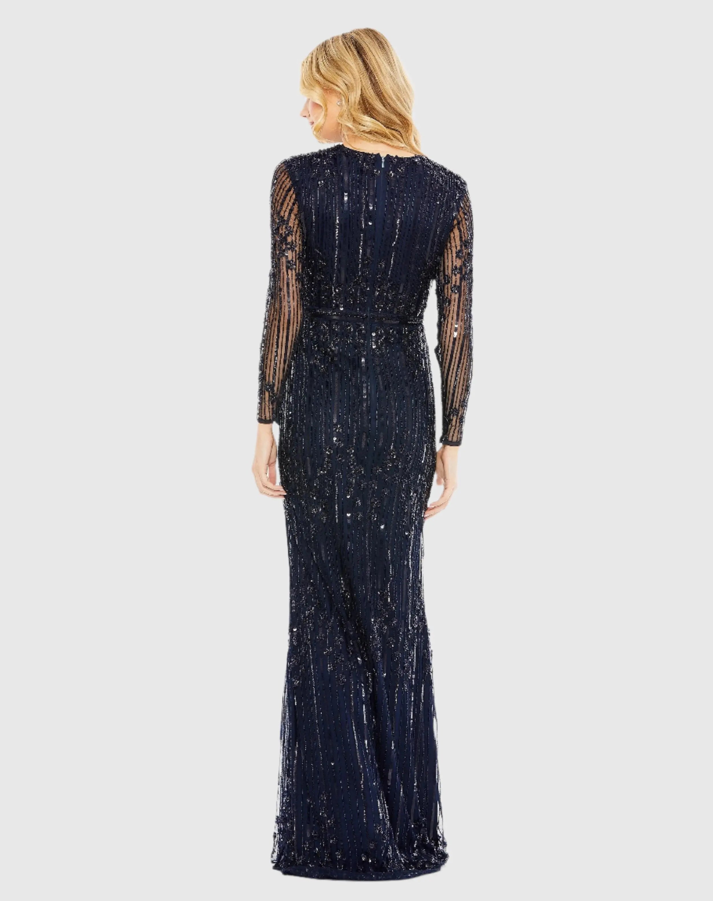 Navy Embellished Long Sleeve Column Gown-Myartka