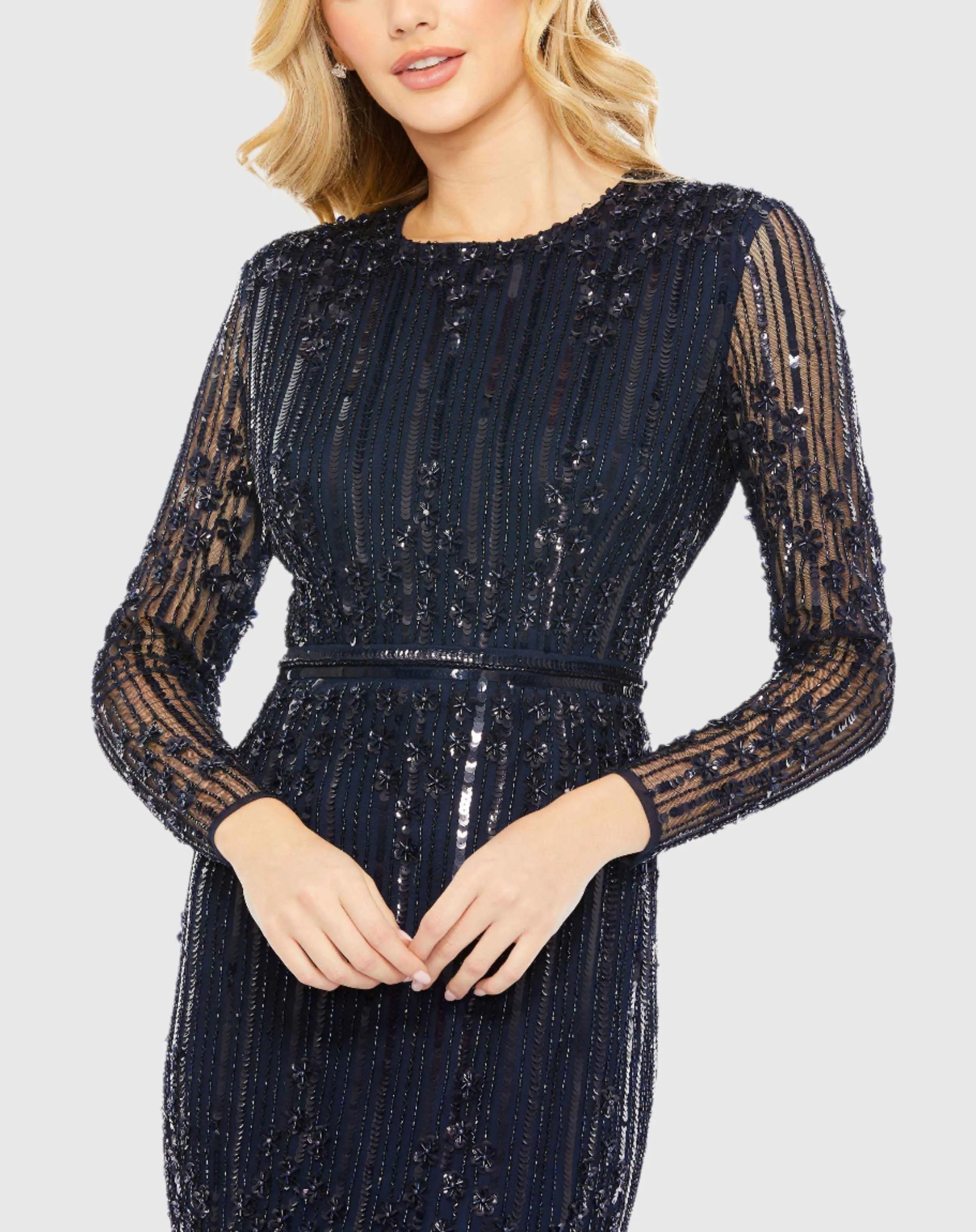 Navy Embellished Long Sleeve Column Gown-Myartka