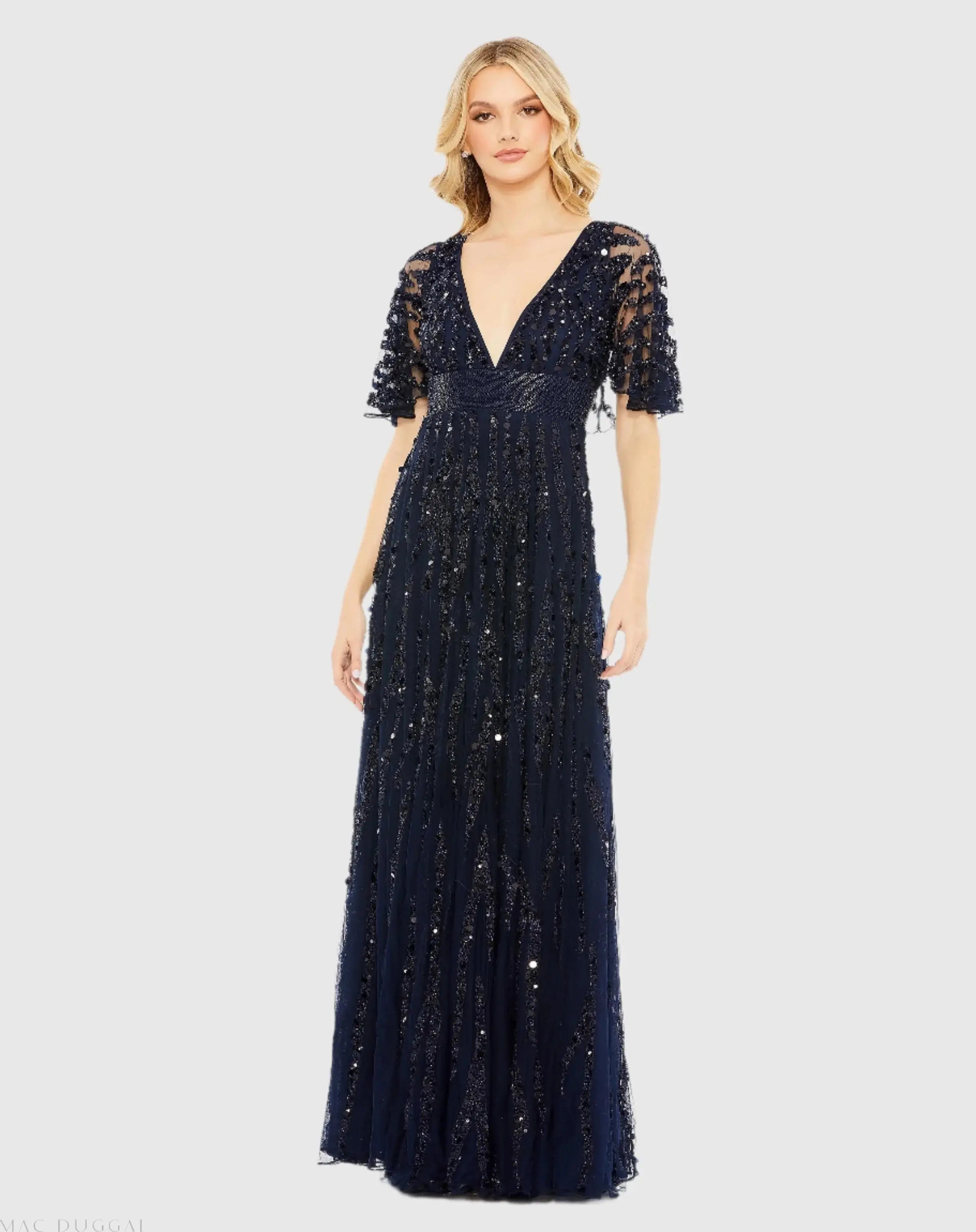 Navy Embellished V-neck Empire Waist Gown-Myartka